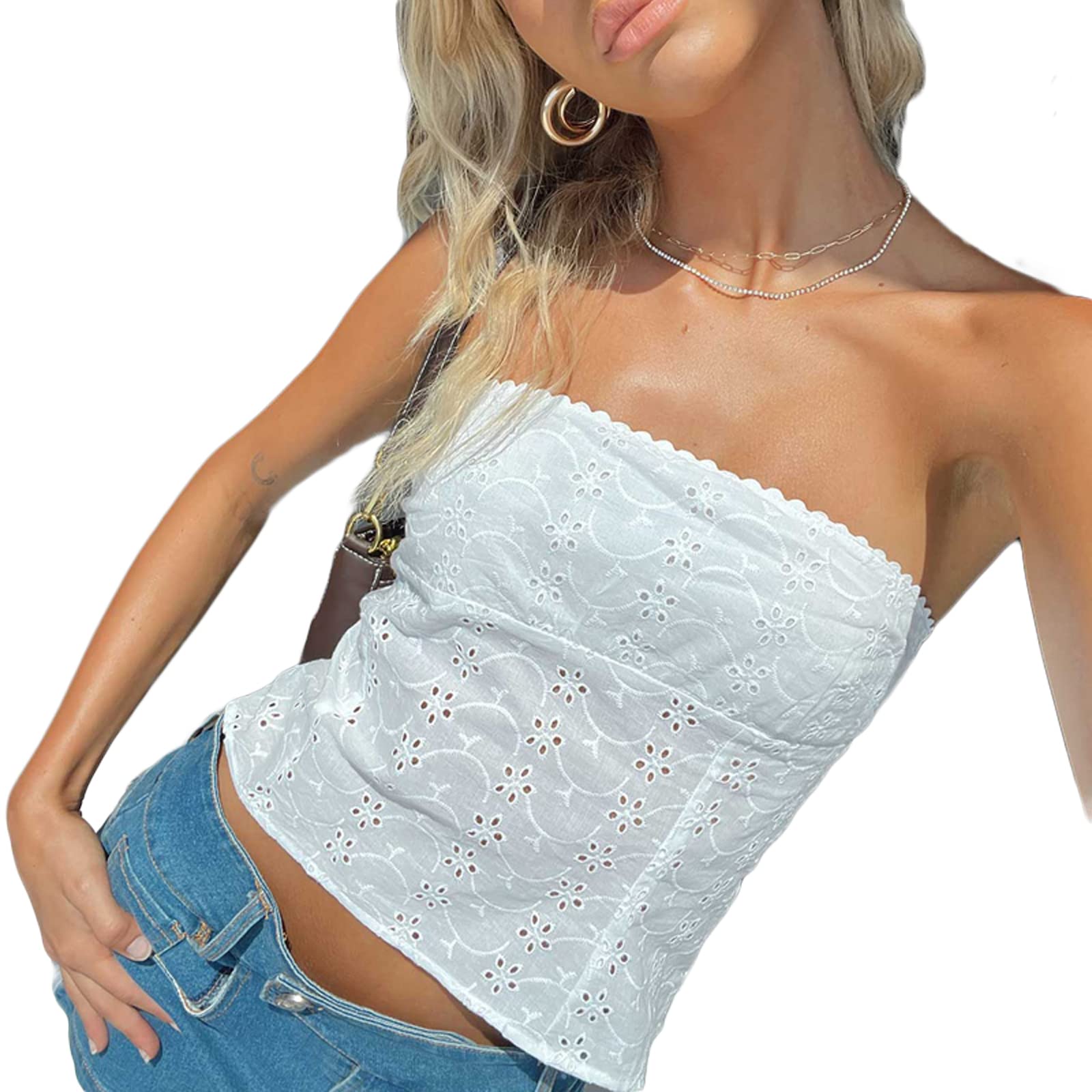 Y2K Fashion Tube Tops for Women - Fairy Grunge Boho Bandeau Strapless Top with Sheer Lace Detail | Sexy Going Out Clothes for Parties, Festivals & Summer Outfits