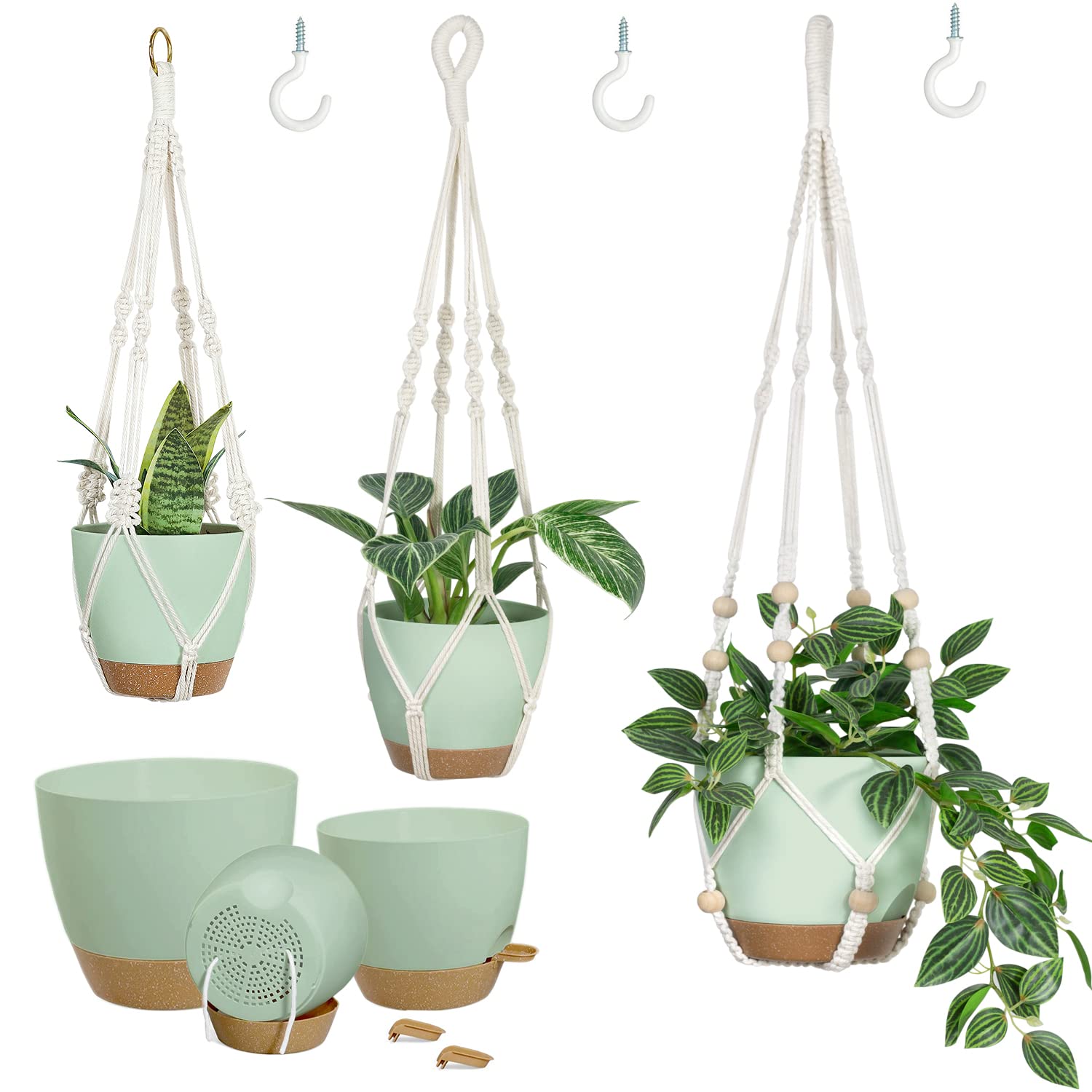Self Watering Hanging Planters for Indoor Plants - 3 Pack Macrame Plant Hangers with Drainage Holes, Pots & Hooks - Perfect for Home, Garden, Balcony & Office Decor - Ideal for Pothos, Spider Plants & Succulents
