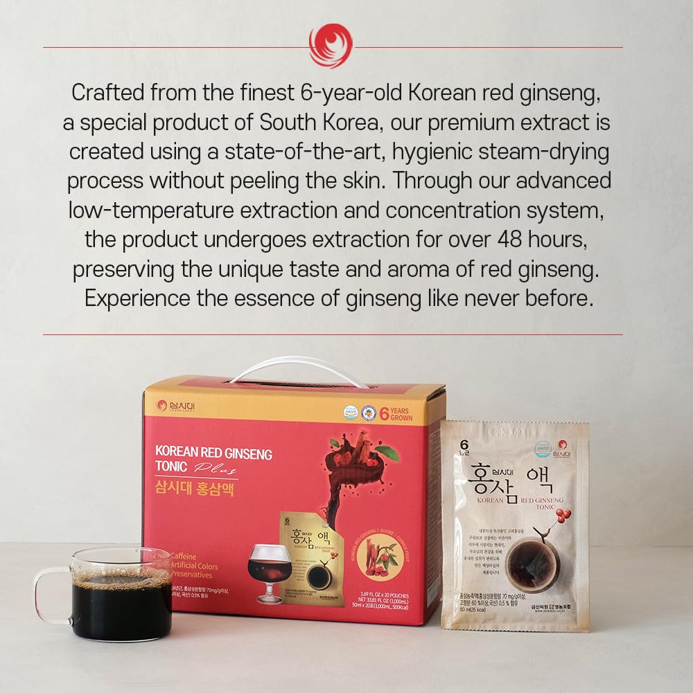 Premium Korean Red Ginseng Tonic - 20 Single-Serve Pouches for Energy Boost & Immunity Support - Perfect for Workouts, Travel & Daily Wellness Routine