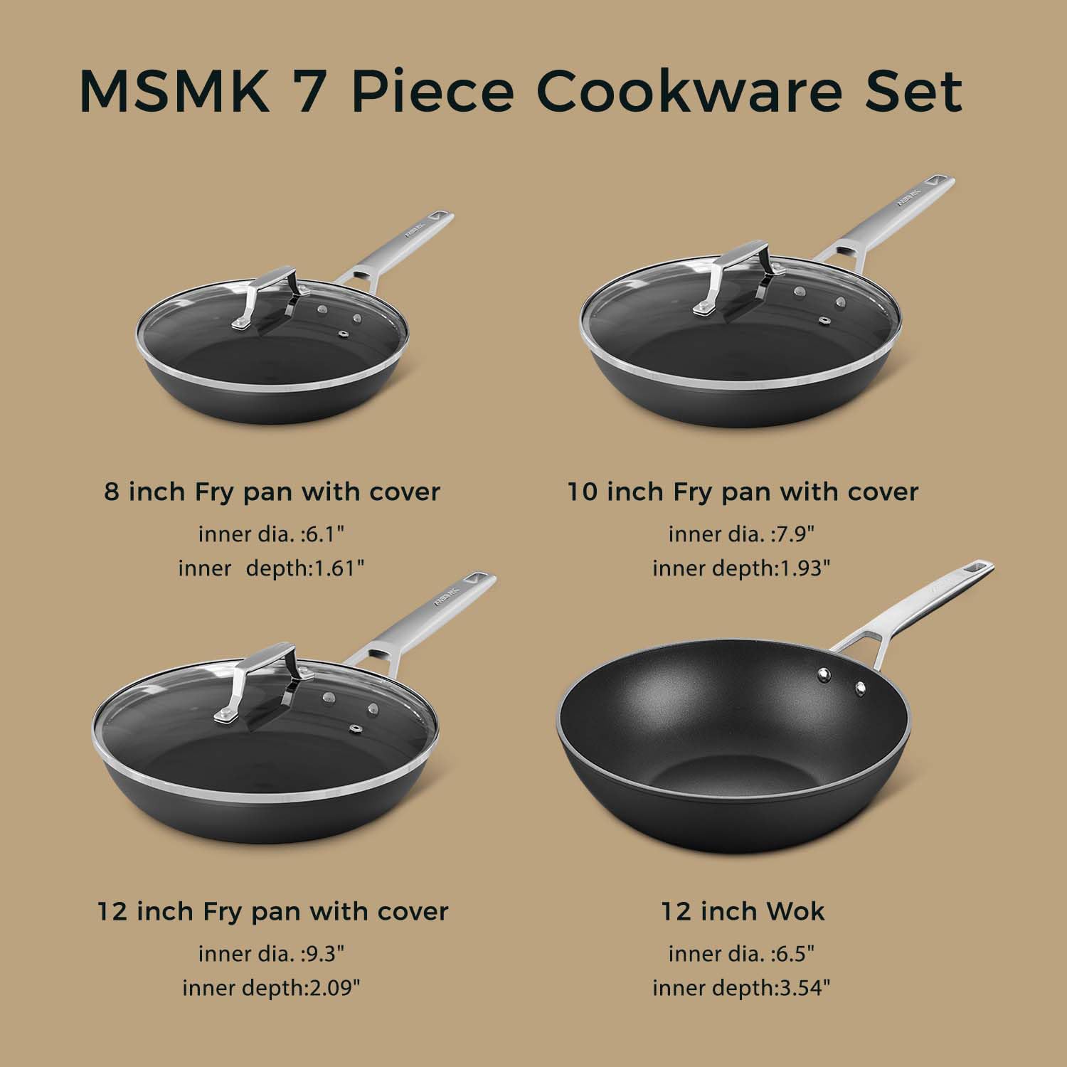 MSMK Non Stick Cookware Set 7-Piece - 8, 10, 12 Inch Frying Pans & 12 Inch Induction Wok with Tempered Glass Lids - Professional Heat Distribution, Stay-Cool Handles, Oven Safe to 700℉ - Compatible with Gas, Electric, Ceramic & Induction Cooktops - Perfect for Sautéing, Stir-Frying & Everyday Cooking