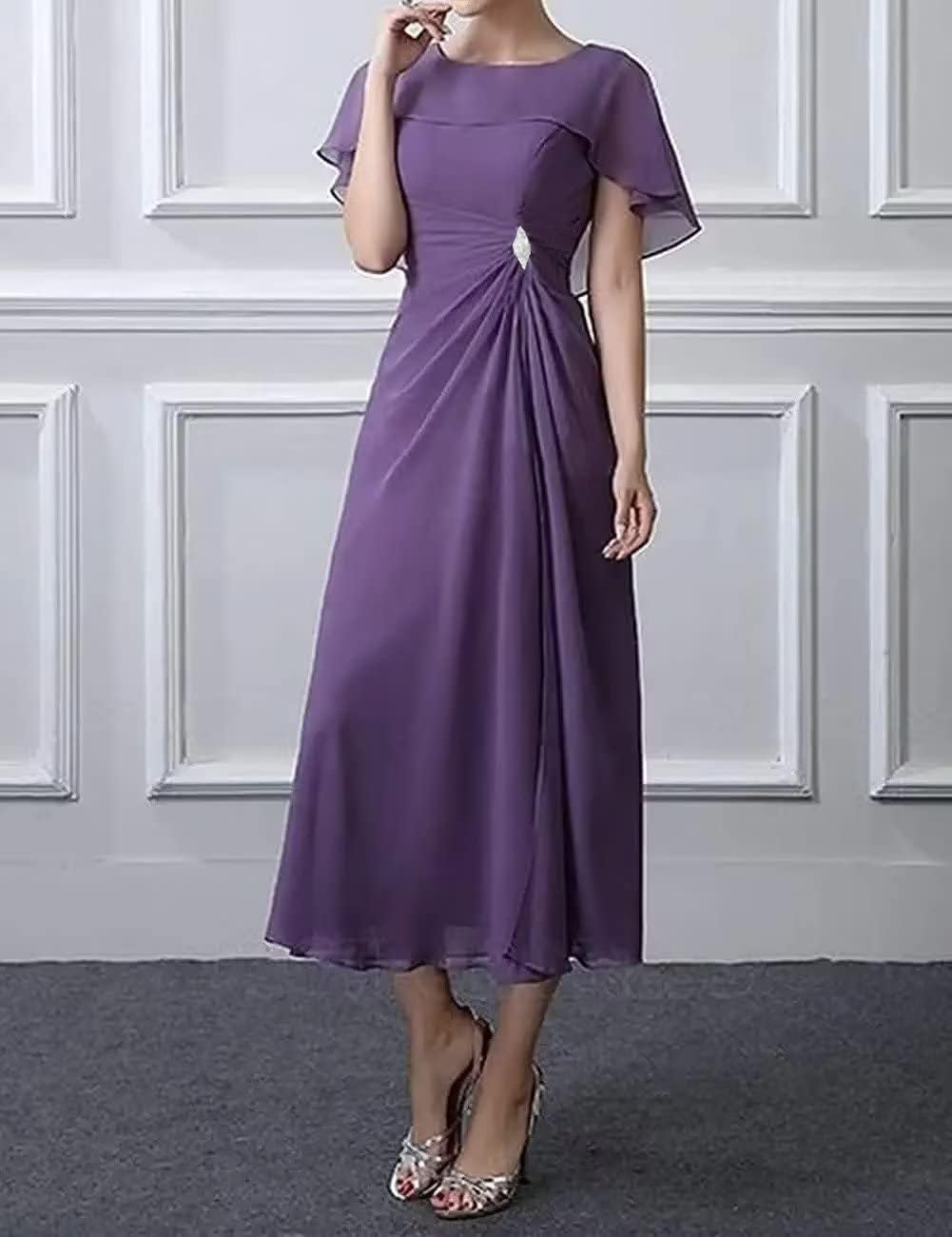 Elegant Bat Sleeve Tea Length Mother of The Bride Dress with Pockets - Flowy Ruffle Chiffon Wedding Guest Dress for Mother of The Groom - Perfect for Formal Weddings, Receptions & Special Occasions