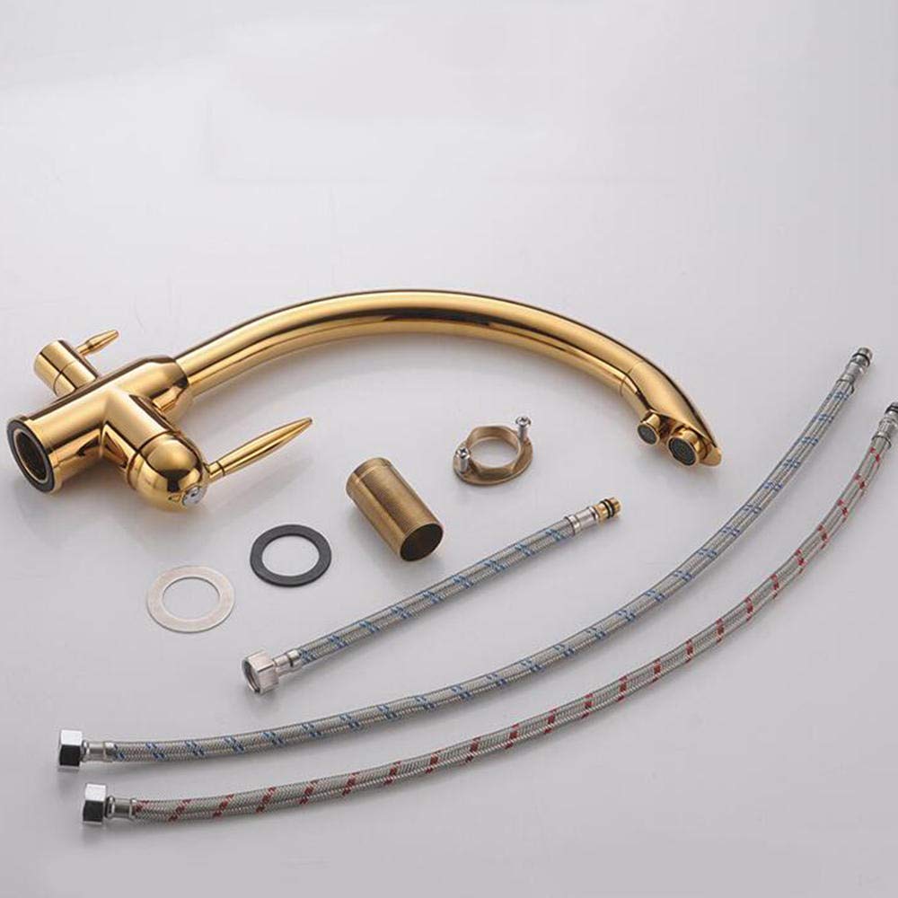 3-Way Brass Kitchen Faucet with Water Filter - Hot & Cold Rotatable Drinking Water Purification Tap for Sink (Golden) - Perfect for Modern Kitchens & Direct Drinking Water Access