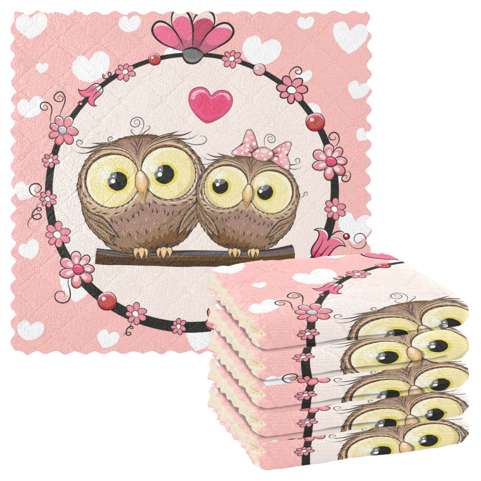 Premium Mother's Day Pink Owl Kitchen Dish Towels - Super Absorbent, Washable & Fast Drying - 6 Pack Cute Heart Design Reusable Cleaning Cloths (11x11 Inches) - Perfect for Gifts, Dish Drying, and Kitchen Decor