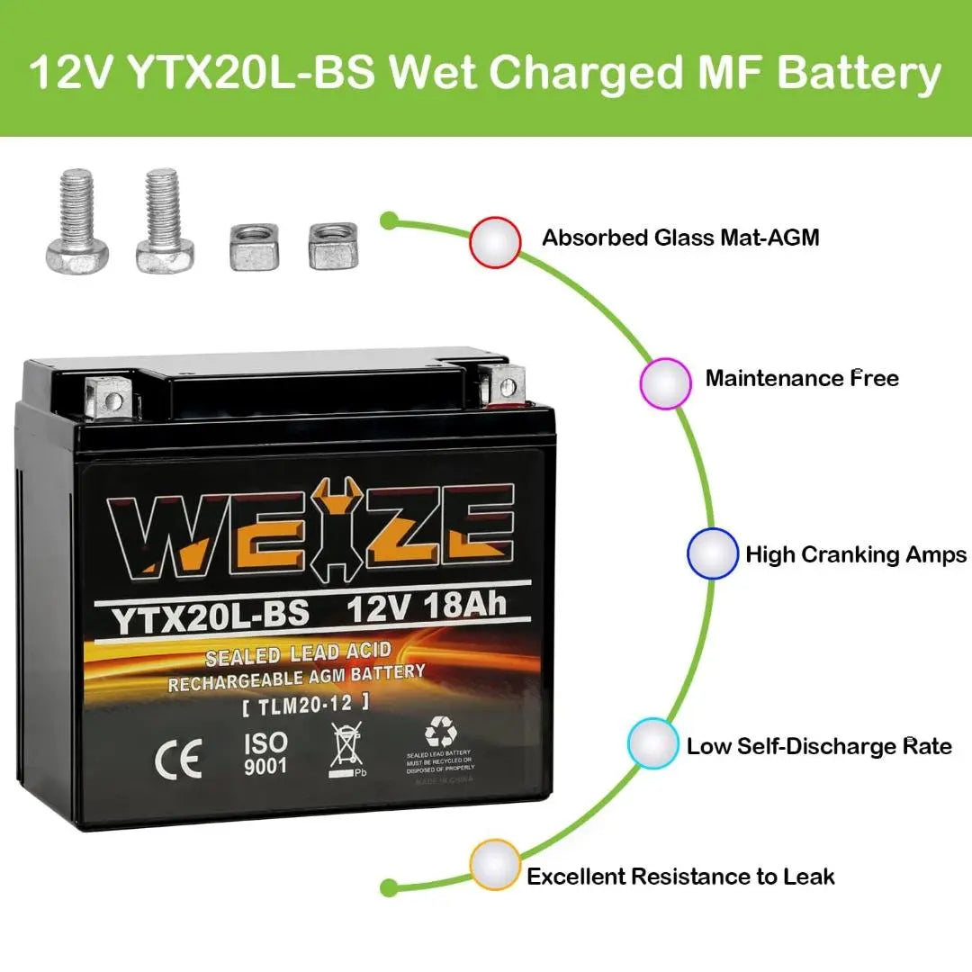 WEIZE YTX20L BS 12V 18Ah High Performance AGM Motorcycle Battery - Maintenance Free, Sealed, Powersports Battery for Motorcycle, ATV, UTV, Snowmobile - Perfect for Off-Road Adventures & Extreme Weather Conditions