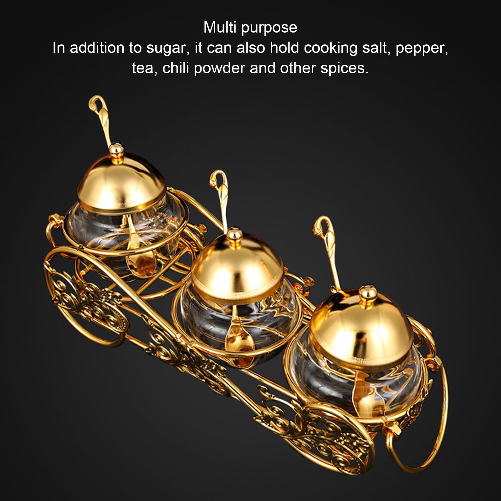Zerodis 3-Piece European Style Sugar Jar Set - Crystal Glass Sugar Bowl with Golden Lid & Spoon, Condiment Container for Salt, Pepper, Coffee Storage | Perfect for Kitchen, Dining Table & Coffee Station