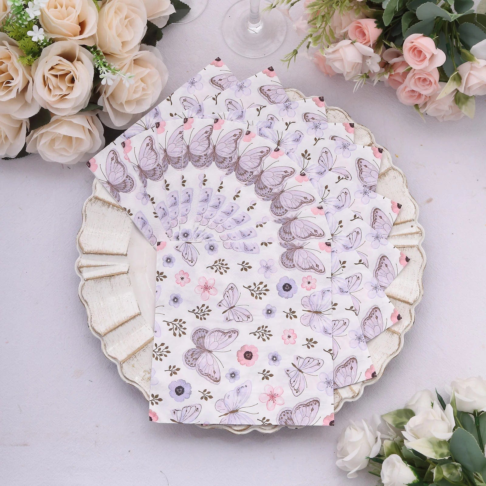20-Pack Disposable 13x13 Inch Ivory & Lavender Butterfly Cocktail Napkins - Elegant Party, Wedding, Bridal Shower & Dinner Table Decorations