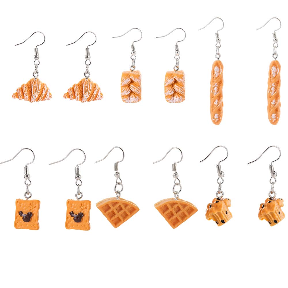 6 Pairs Handmade Croissant & Baguette Drop Earrings - French Bread Toast Dangle Earrings Set - Cute Unique Simulation Food Jewelry for Women - Perfect for Foodie Fashion, Costume Parties & Gift Giving