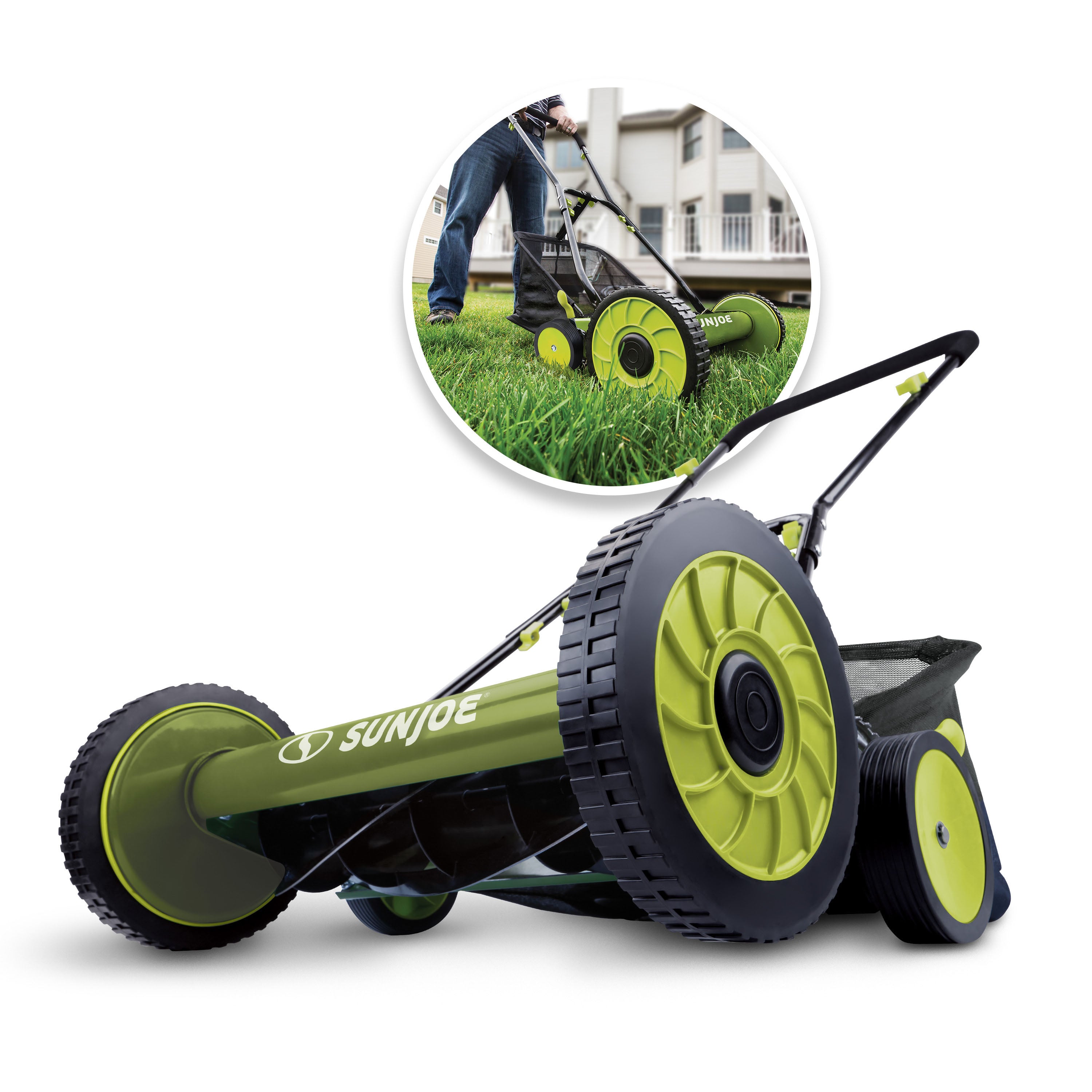 Sun Joe MJ501M 18-Inch Manual Push Reel Lawn Mower with Grass Catcher | 9 Cutting Height Adjustments | Eco-Friendly & Quiet Operation for Small to Medium Yards, Patios & Eco-Conscious Landscaping