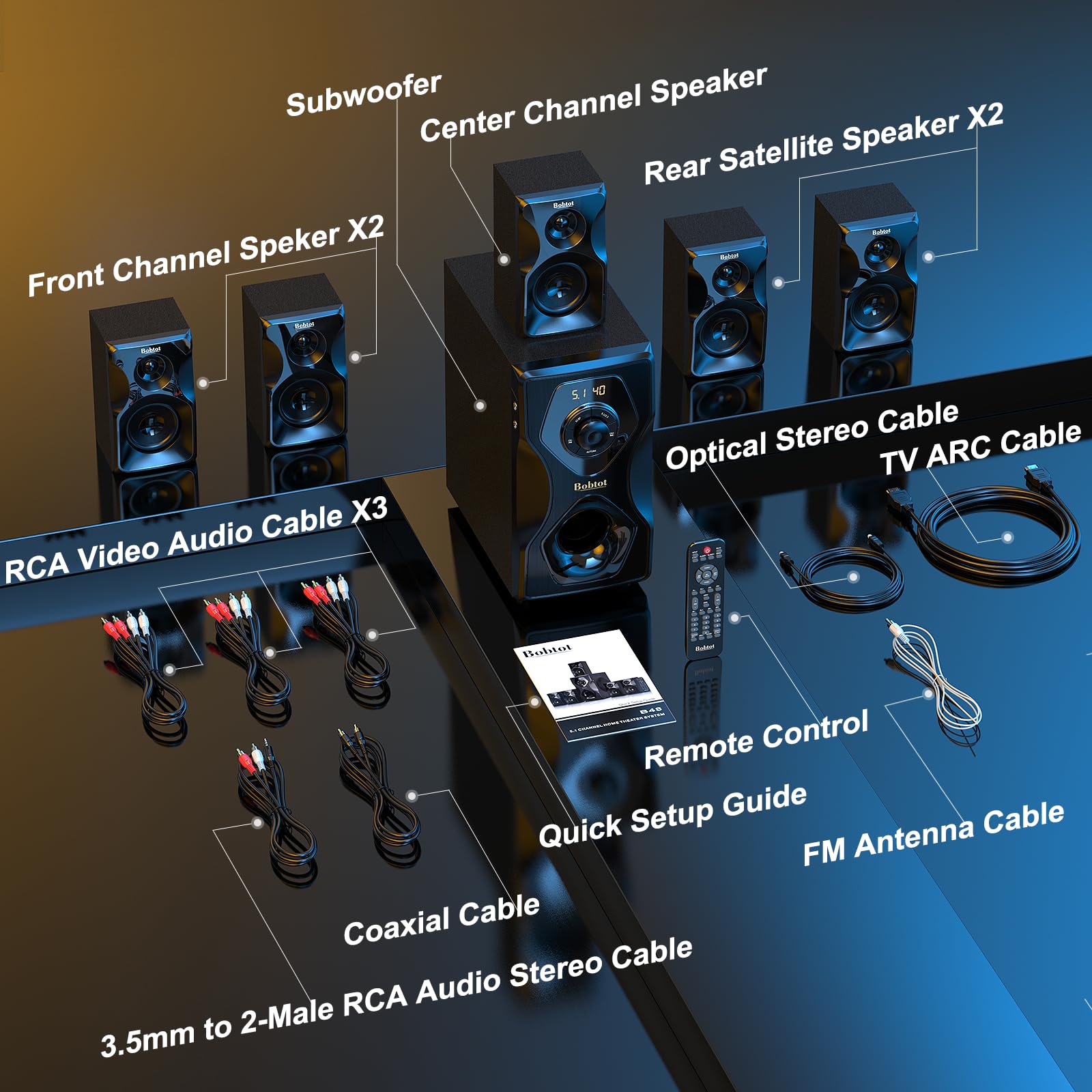 Bobtot 700W 5.1/2.1 Channel Home Theater Speaker System with Bluetooth, HDMI ARC & Optical Input - Powerful 5.25