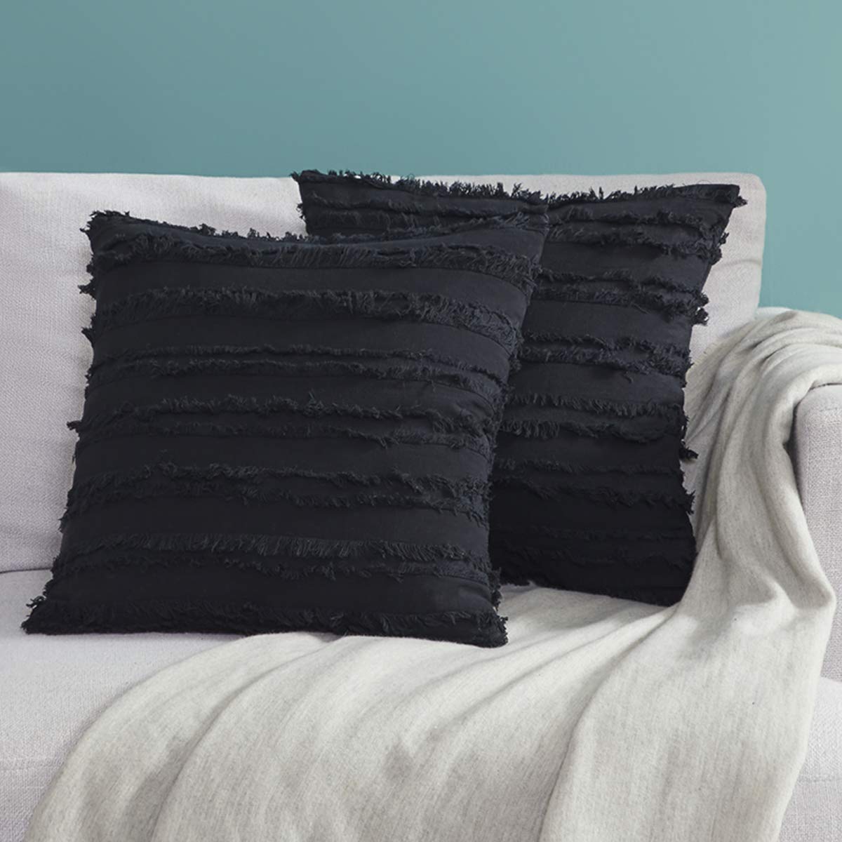GIGIZAZA 20x20 Inch Black Cotton Linen Throw Pillow Covers for Couch, Sofa & Bed - Soft Square Decorative Cushion Covers for Living Room, Bedroom & Home Decor