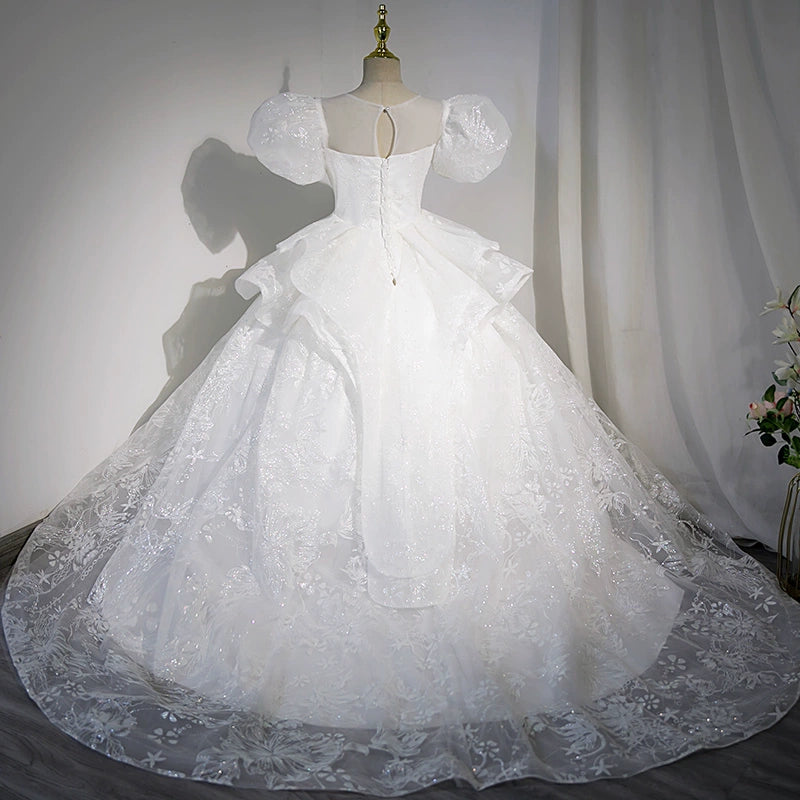 Sparkling White Princess Round Floor Length Sequined Flower Girl Dress for Weddings, Pageants & Special Occasions