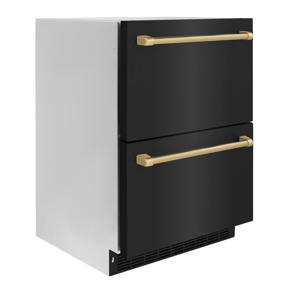 ZLINE Autograph Edition 24 Inch Touchstone 168 Can Outdoor Rated Dual Refrigerator Drawer - Black Stainless Steel Doors with Champagne Bronze Handles (RDSOZ BS 24 CB) | Perfect for Outdoor Kitchens, Patio Bars & Entertaining Areas