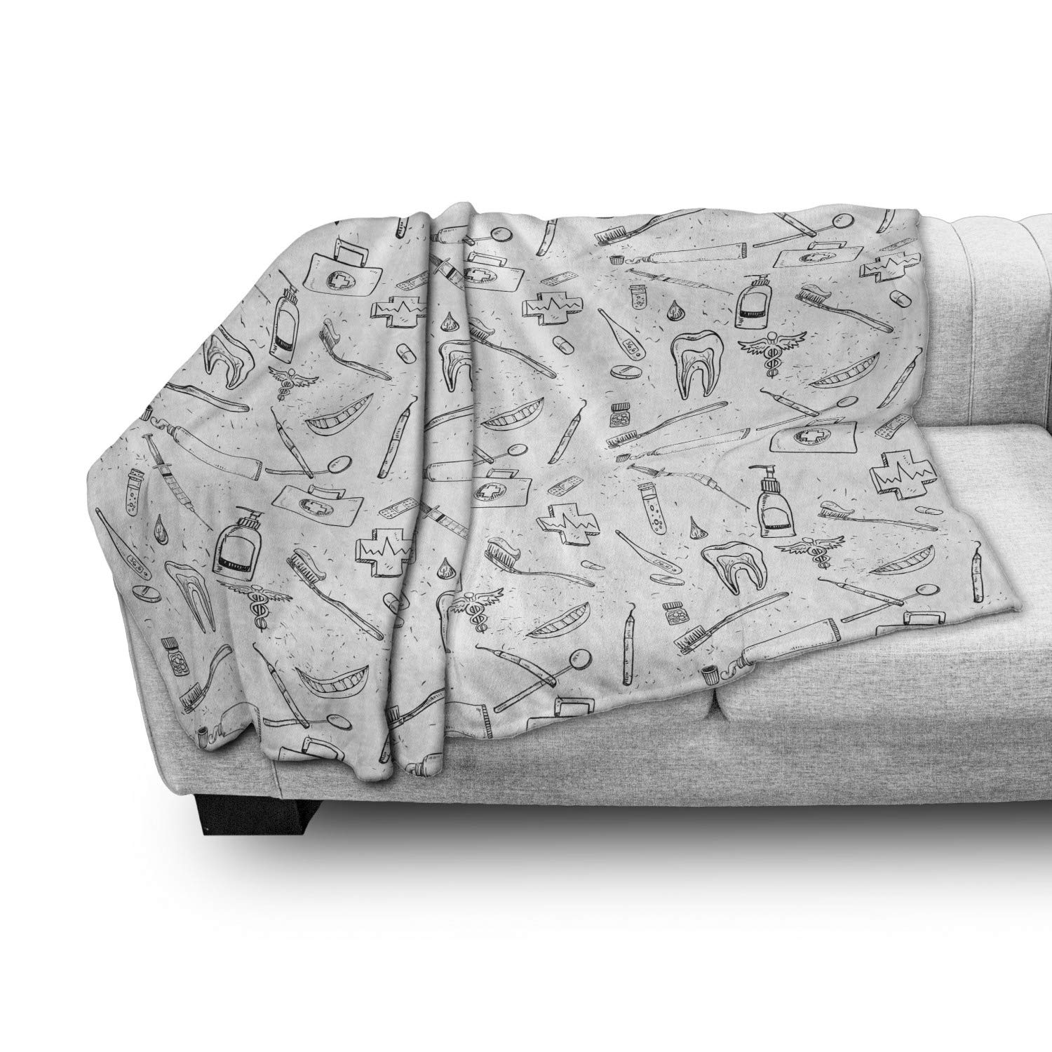 Ambesonne Hipster Throw Blanket - Hand Drawn Dental Hygiene Pattern, Soft Flannel Fleece Couch Cover for Adults, 50