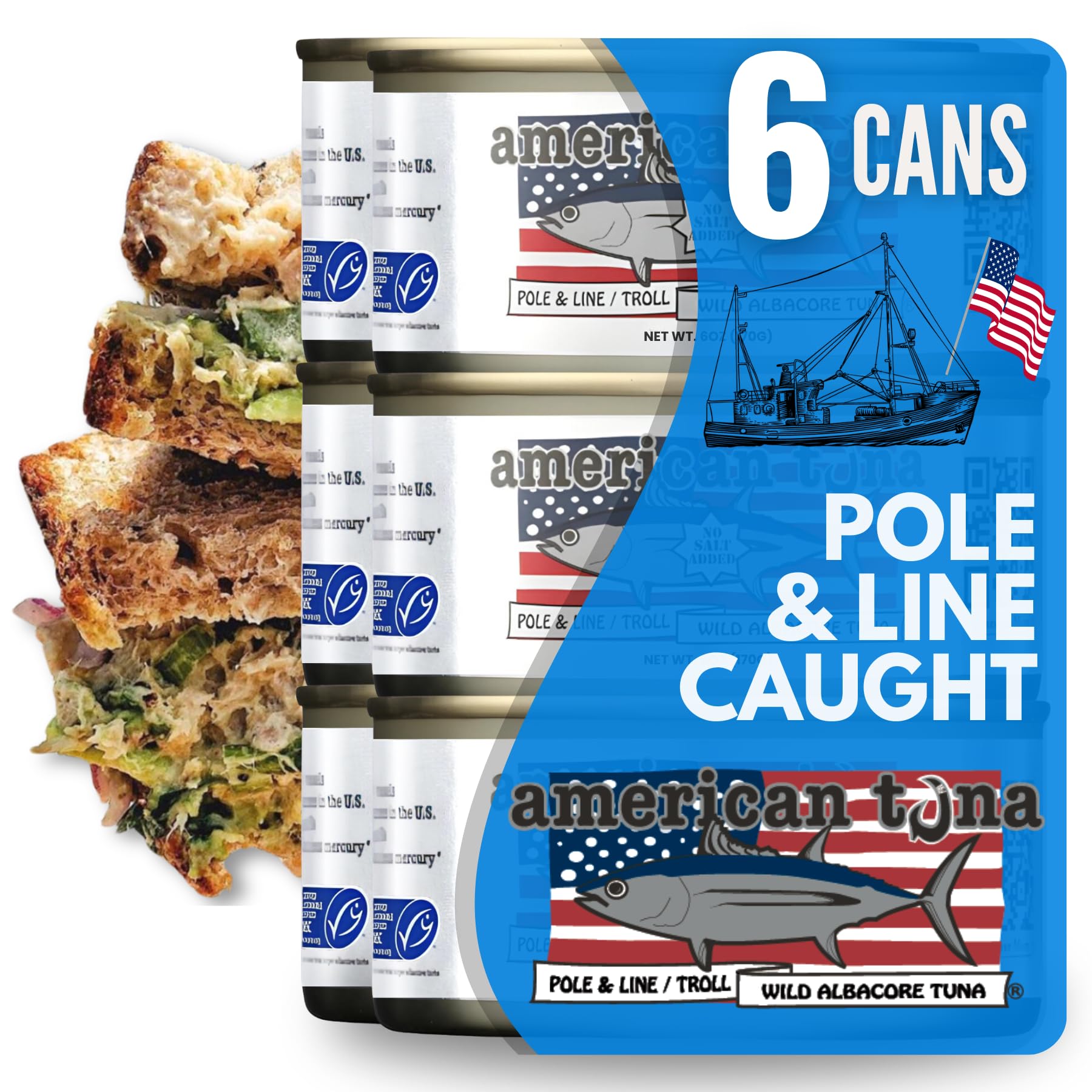 Wild Albacore Tuna - No Salt Added, MSC Certified, Pole & Line Caught | 6-Pack 6oz Cans | Premium Canned Tuna for Salads, Sandwiches & Keto Diet | High Protein, Low Mercury, Sustainable Seafood