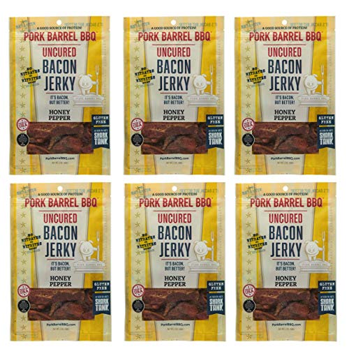 Honey Pepper Bacon Jerky 6 Pack - Healthy Protein Snacks | Uncured, Gluten Free, Nitrate Free | 2 oz Per Pack (6 Total) | Pork Barrel BBQ | Perfect for Hiking, Camping & On-the-Go Snacking
