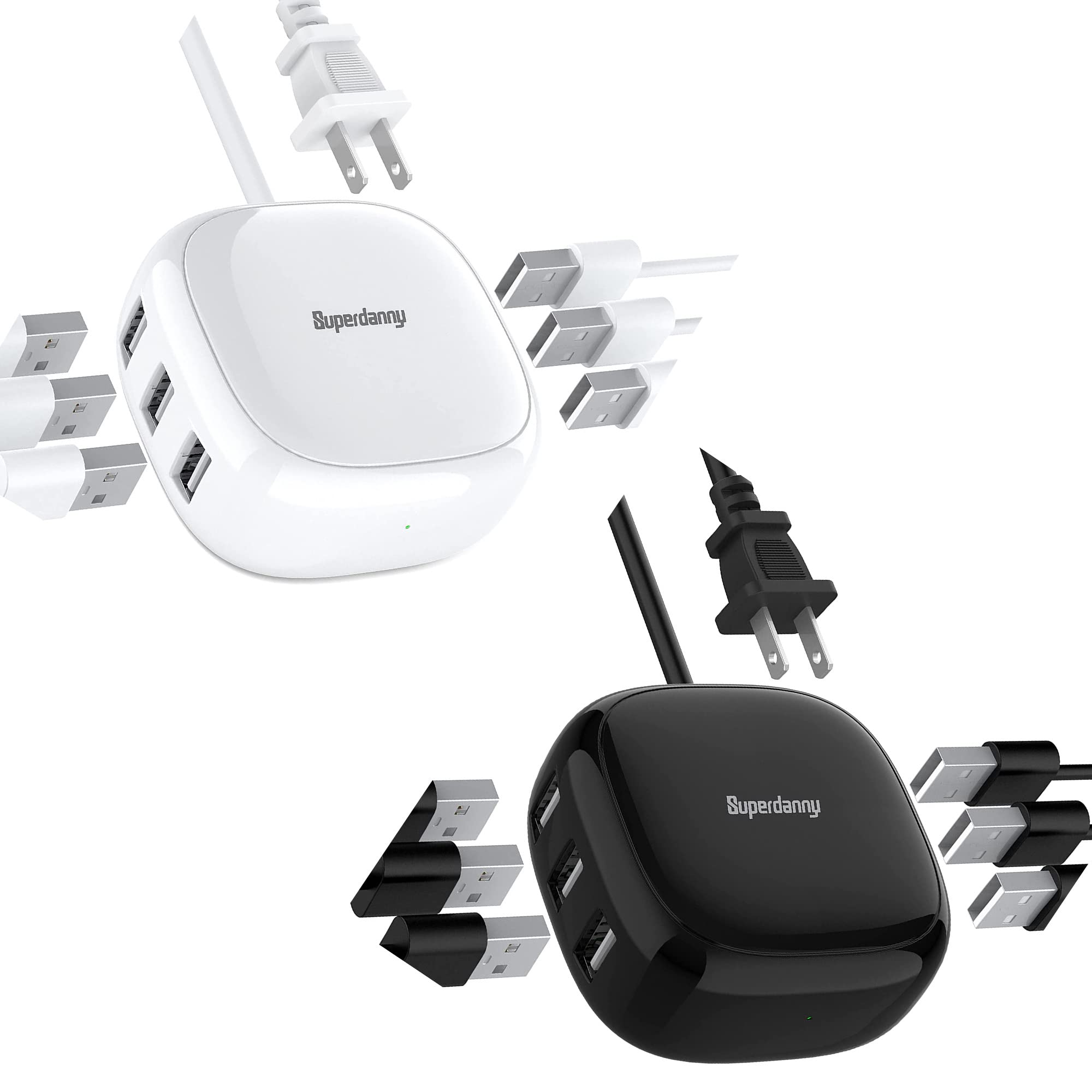 Multi-Port USB Charging Station - 6 Port Fast Charger with Smart IC for iPhone, Android, Samsung - White & Black Bundle - Perfect for Home, Office, Travel & Family Use