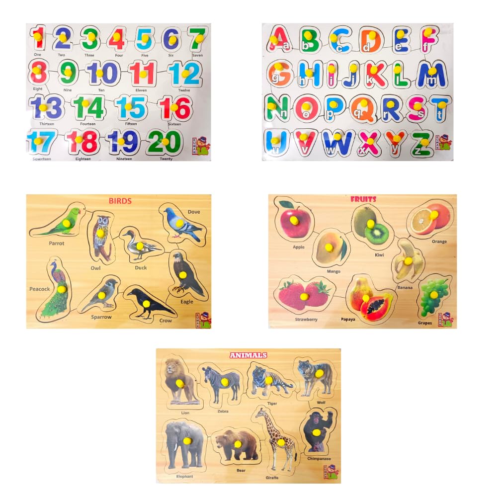 5-Piece Wooden Learning Puzzle Set for Kids Ages 3+ & Adults - Number 1-20, ABC Alphabet, Birds & Wild Animals Educational Toys | Montessori Learning, Homeschool & Family Game Night Activities