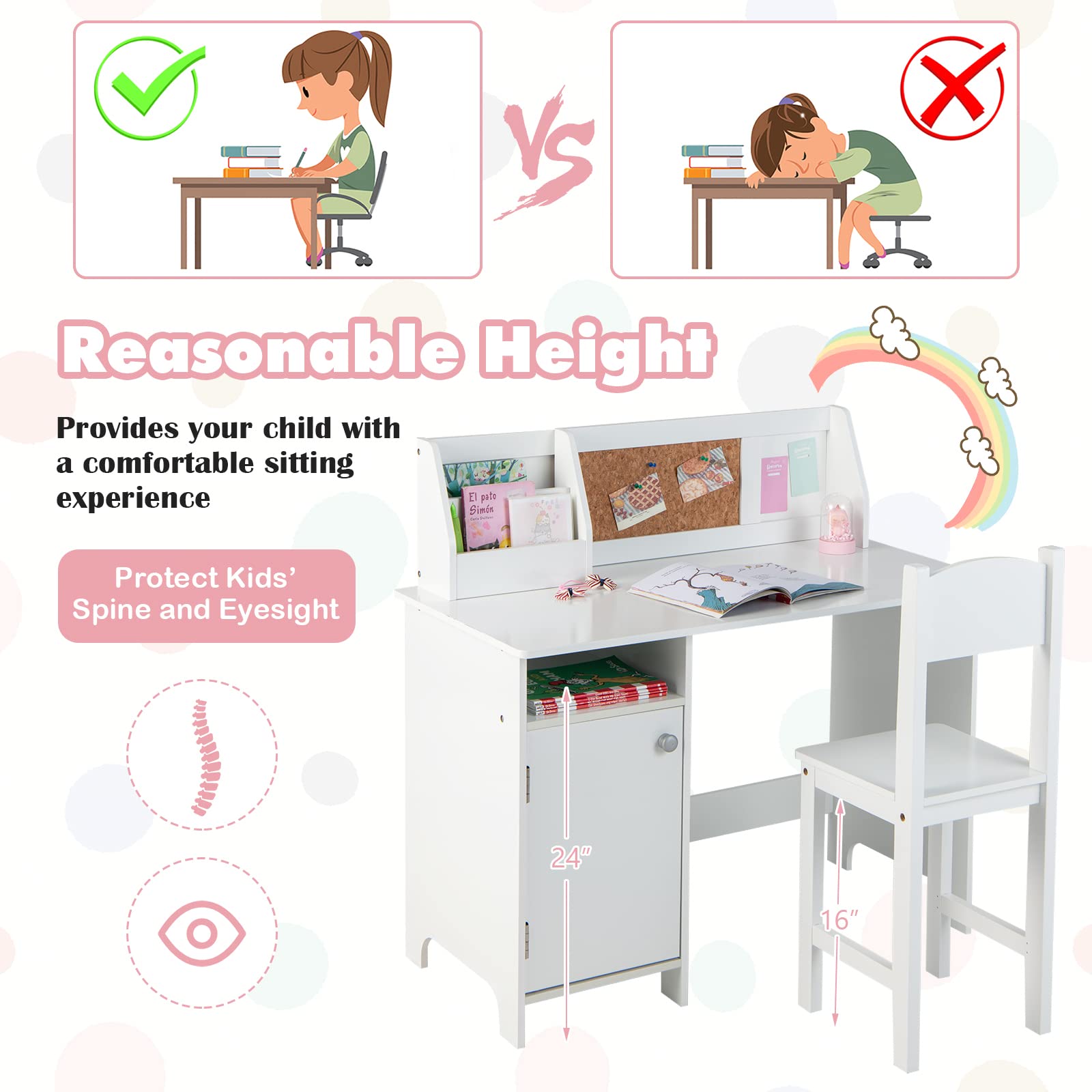 Costzon Kids Desk and Chair Set - Adjustable Wooden Study Table with Storage, Hutch, Cork Board & Whiteboard | Ergonomic Children's Writing Desk for Homework, Online Learning & Bedroom | Perfect for School, Homeschool & Small Spaces (White)