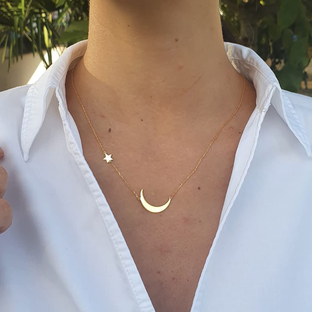 Tasiso 14K Gold Moon and Star Pendant Necklace for Women - Delicate Crescent Moon with Tiny Star Charm Minimalist Jewelry | Perfect for Everyday Wear, Gift Giving & Special Occasions