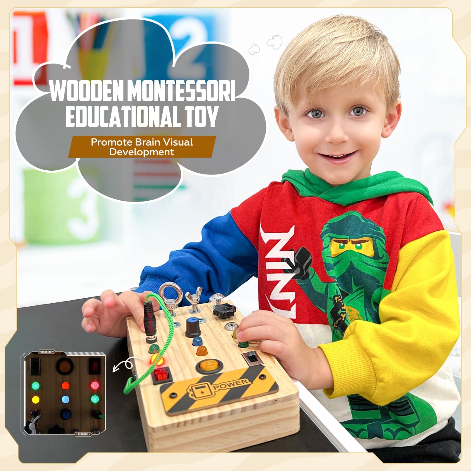 Montessori Busy Board for Toddlers 1-3 Years - Wooden Sensory Activity Toy with LED Lights - Educational Learning Toy for 3 4 Year Old Boys & Girls - Perfect Christmas Birthday Gift for Kids - Great for Travel, Home Play & Early Childhood Development