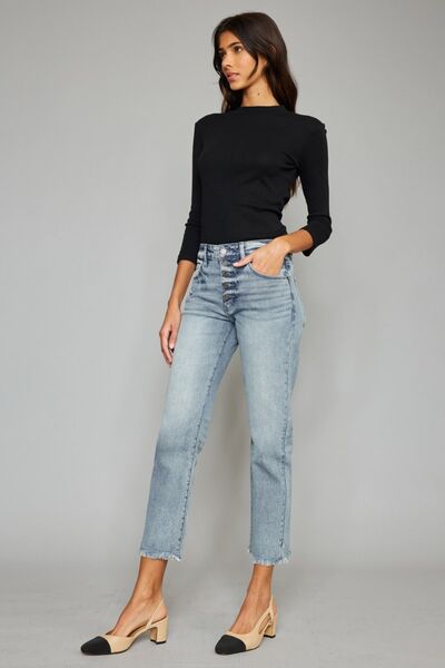 Kancan High Waist Button Fly Raw Hem Cropped Straight Jeans for Women - Trendy Distressed Denim Pants for Casual Outfits & Street Style Fashion