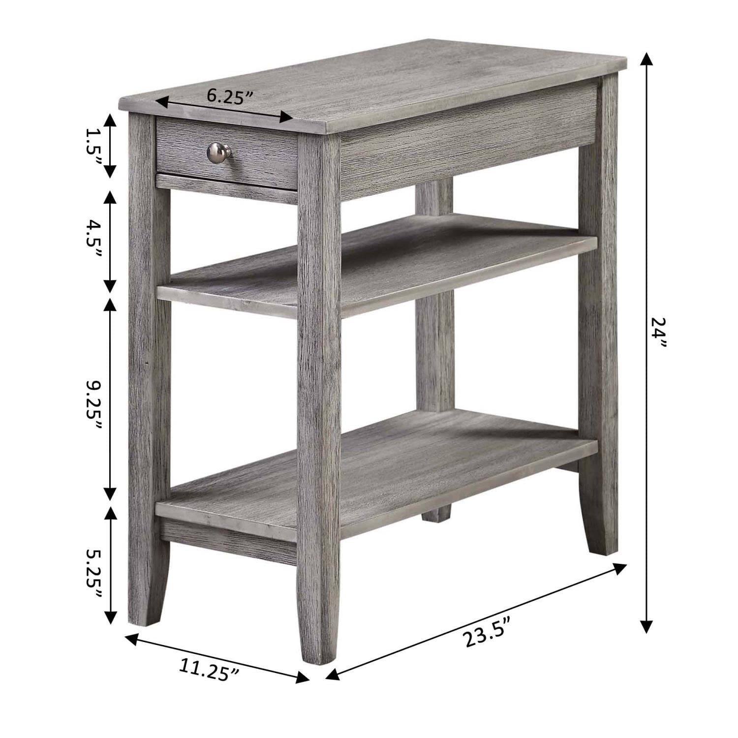 Convenience Concepts American Heritage Chairside End Table with Drawer - 23.5 Inch Classic Living Room Table with Storage Shelf | Bedroom Nightstand in Wirebrush Light Gray | Perfect for Living Room, Bedroom & Office Use