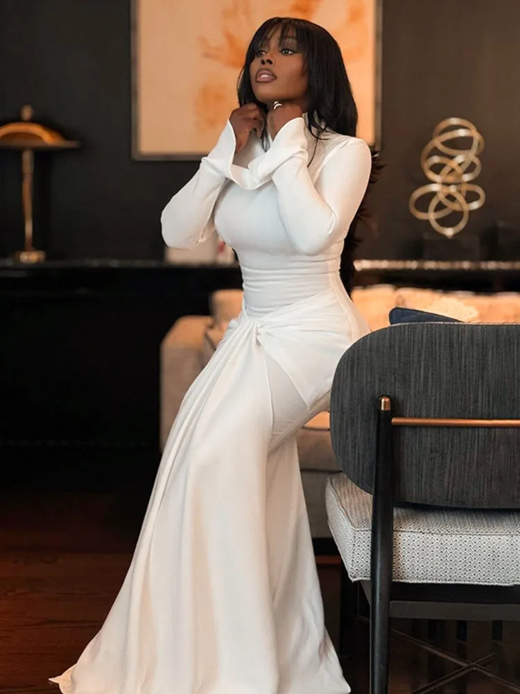 Articat Elegant Long Sleeve Bodycon Pleated Maxi Dress for Women - Winter 2025 Solid Color Slim Fit Party Evening Dress | Perfect for Cocktail Parties, Weddings & Holiday Events