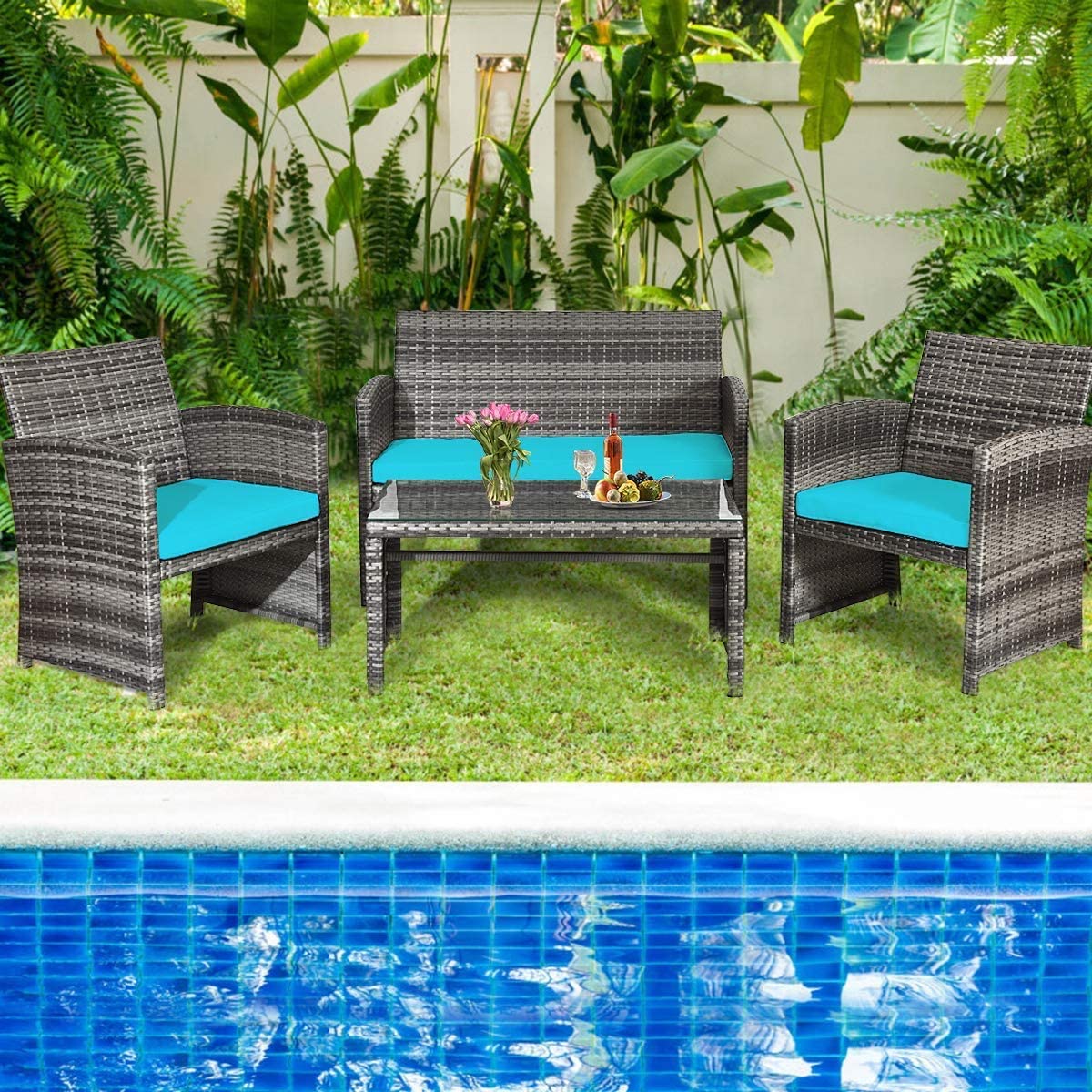 HAPPYGRILL 4-Piece Outdoor Patio Furniture Set with Soft Cushions - Rattan PE Wicker Sofa Chairs & Coffee Table for Garden, Poolside, Porch, Backyard - Perfect for Relaxing and Entertaining Guests