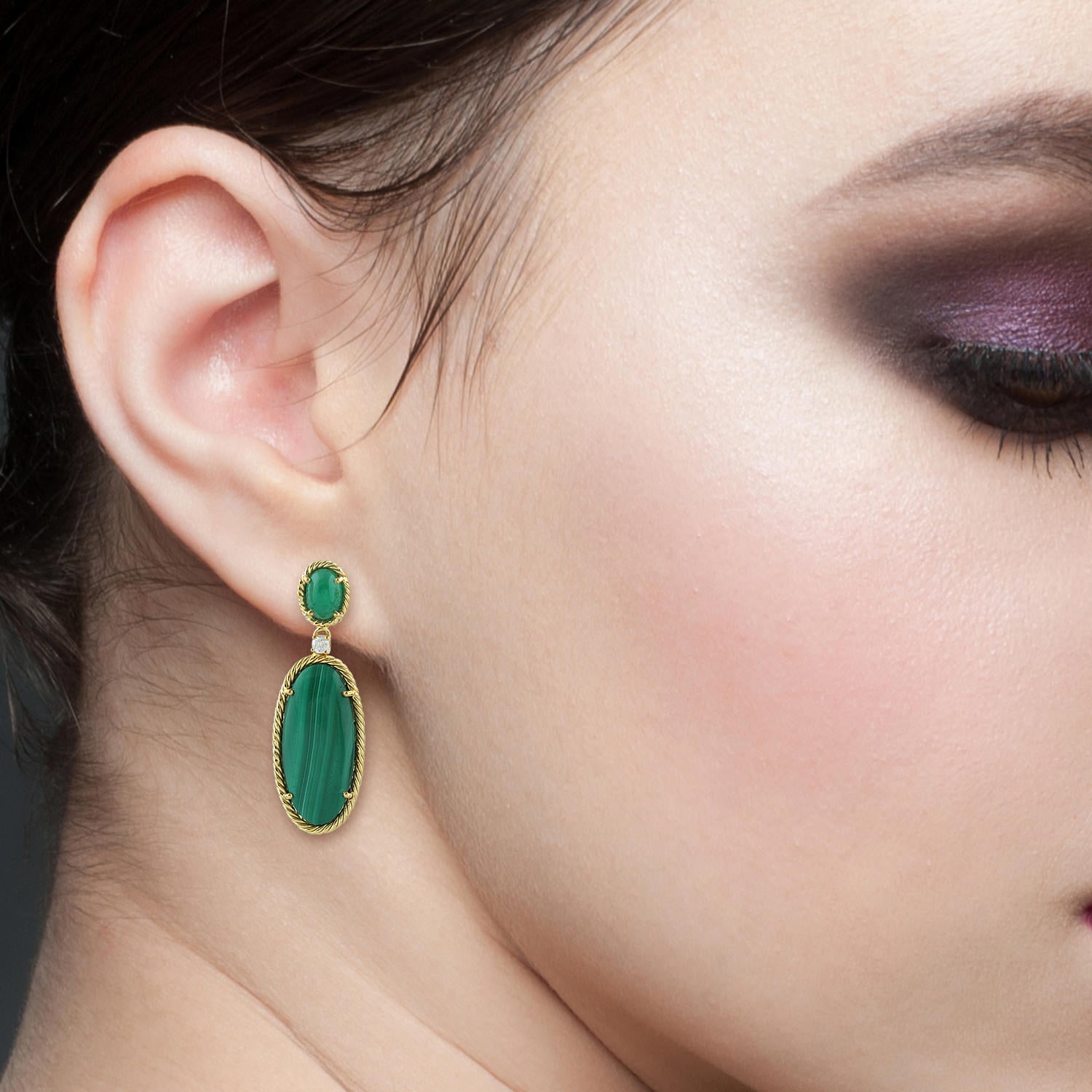 18K Yellow Gold Malachite Oval Cut Emerald Gemstone Prong Diamond Dangler Earrings - Perfect for Evening Parties & Special Occasions
