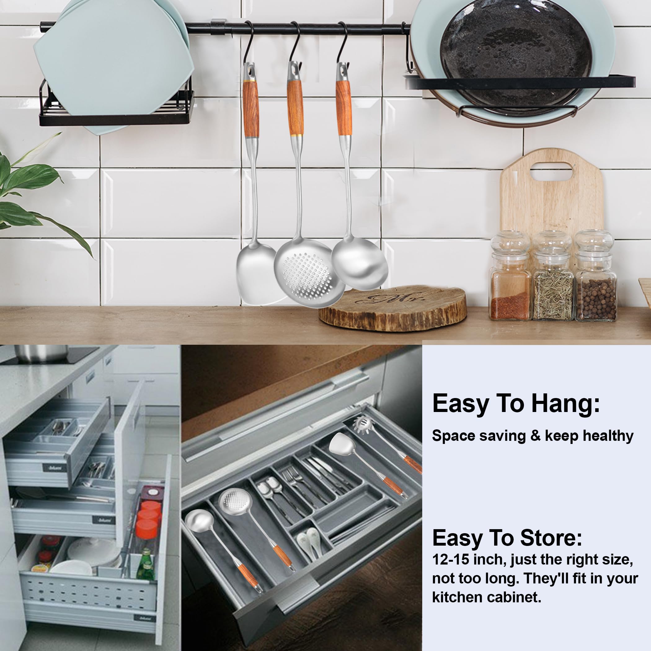 Premium 6-Piece Stainless Steel Kitchen Utensil Set with Wooden Handle - Wok Spatula, Ladle, Skimmer, Slotted Turner, Spaghetti Spoon & Large Spoon for Cooking, Frying & Serving - Ideal for Home Chefs & Restaurant Use