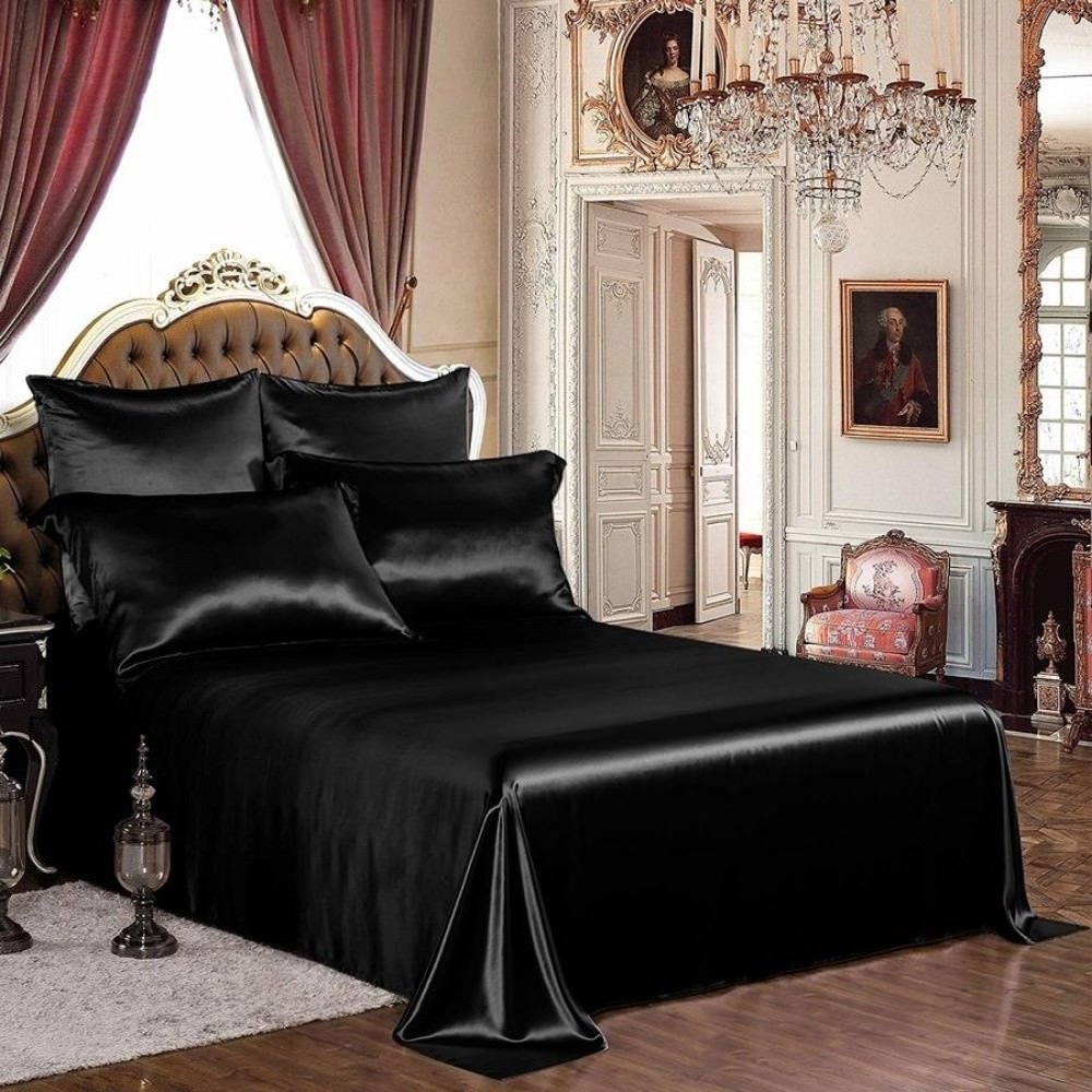 Angel's Bedding Ultra Soft Luxurious Silk-Like Satin 5-Piece Comforter Set (Comforter, Flat Sheet, Fitted Sheet & 2 Pillowcases) - Durable & Comfortable California King Size Bedding in Black - Perfect for Master Bedrooms, Guest Rooms & Luxury Hotels