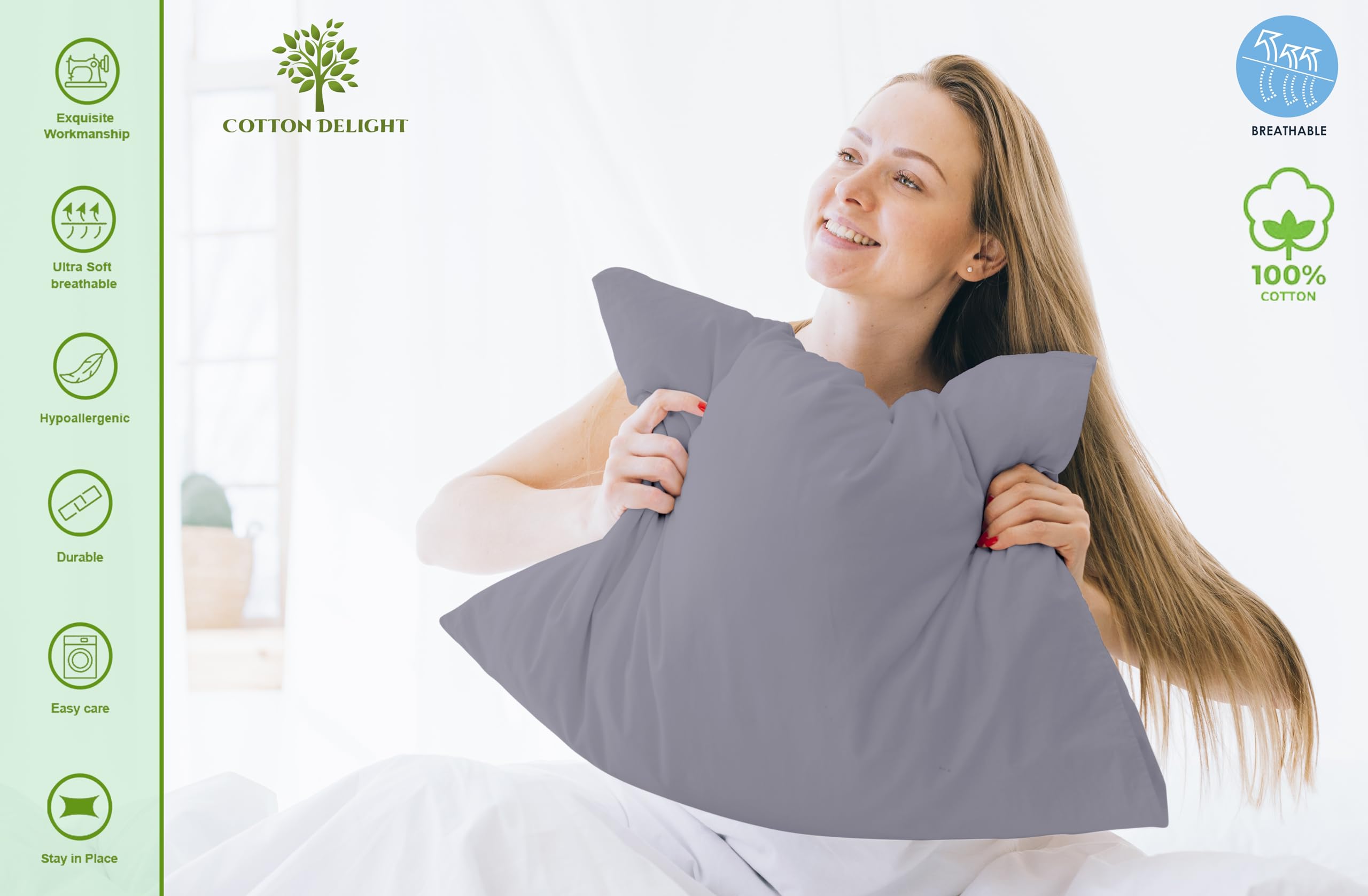 Premium 100% Natural Cotton 600 Thread Count King Pillowcases Set of 2 - Silver 20
