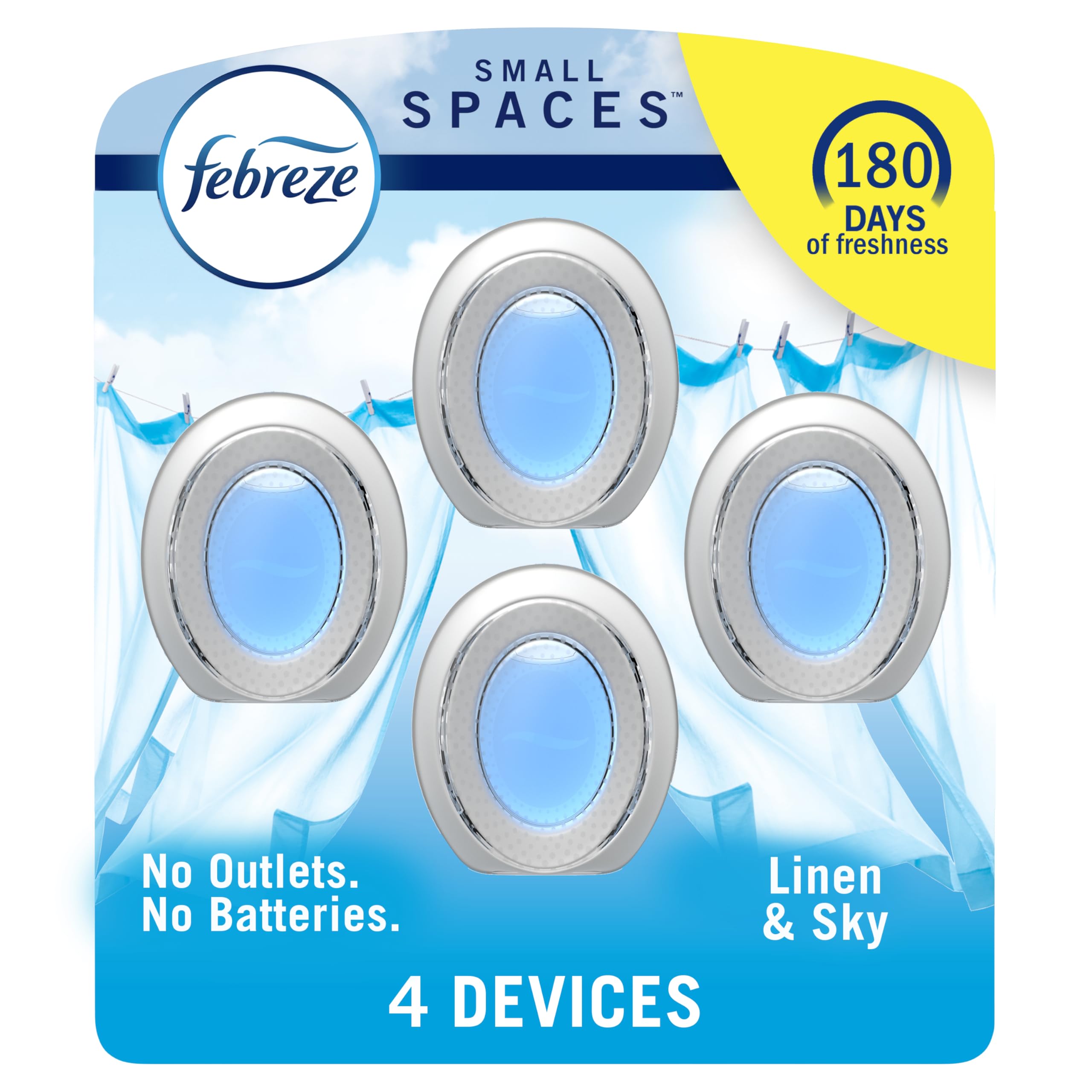Febreze Small Spaces Air Freshener - Odor Eliminator for Home, Bathroom & Kitchen | Plug-In Alternative with Linen & Sky Scent | 4 Count Pack | Freshen Closets, Cars & Small Rooms