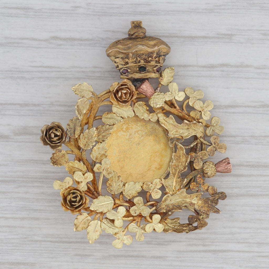 Antique Floral Picture Brooch - 14K & 20K Gold Glass Vintage Pin from 1800s with Crowned Wreath Design | Perfect for Victorian Costume, Historical Reenactment & Antique Jewelry Collection