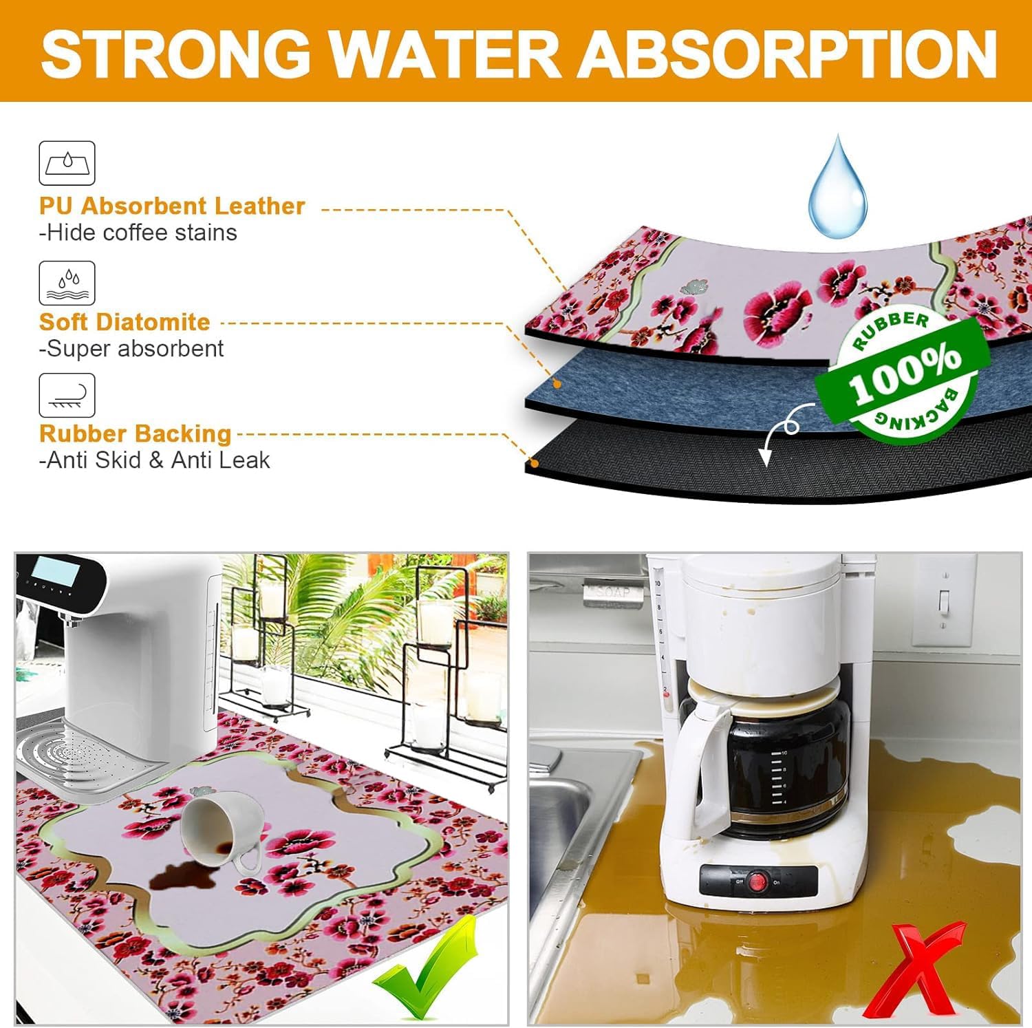 IVAZA Large Absorbent Dish Drying Mat for Kitchen - Non-Slip Silicone Drying Pad for Dishes, Utensils & Cookware - Quick Dry Waterproof Kitchen Mat with Pink Floral Design - Perfect for Countertops, Sinks & Dish Racks