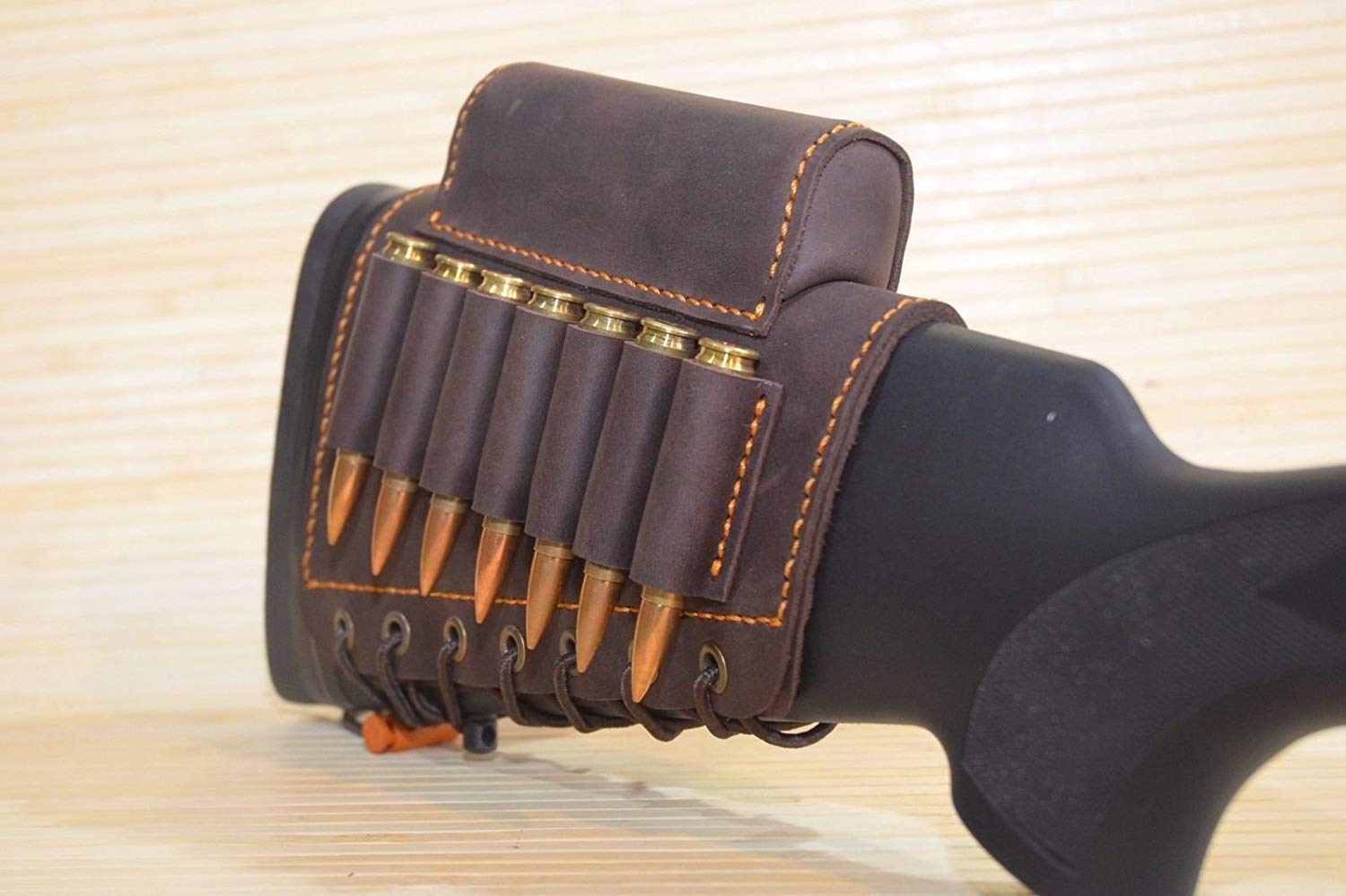 Vintage Real Leather Rifle Cartridge Holder & Cheek Rest Pad - Left Handed (7.62 & 30-03) - Red Brown - Perfect for Hunting, Shooting Range & Outdoor Adventures