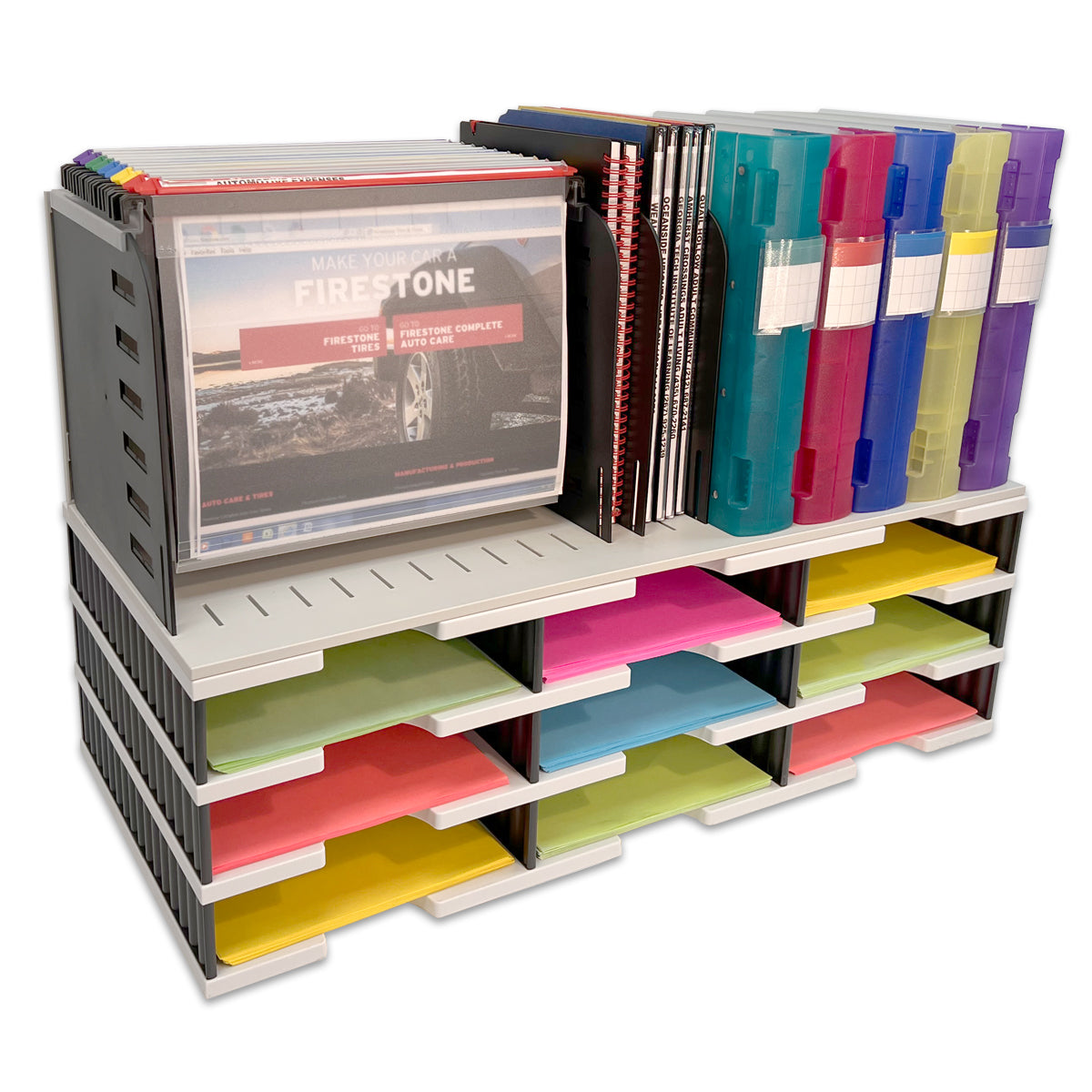 9-Tier Desktop Organizer with Vertical & Hanging File Topper - Space Saving Document Sorter for Files, Books, Binders - Perfect for Office, Home, Study & Workspace Organization