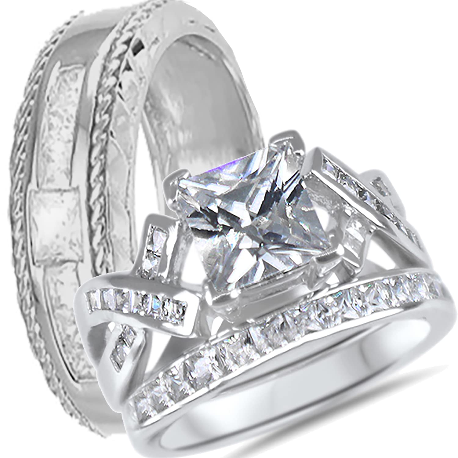 His and Hers Wedding Ring Set - 3 Piece TRIO CZ Bridal Set for Bride & Groom, Matching Couple Bands - Perfect for Engagement, Anniversary & Romantic Gift Giving