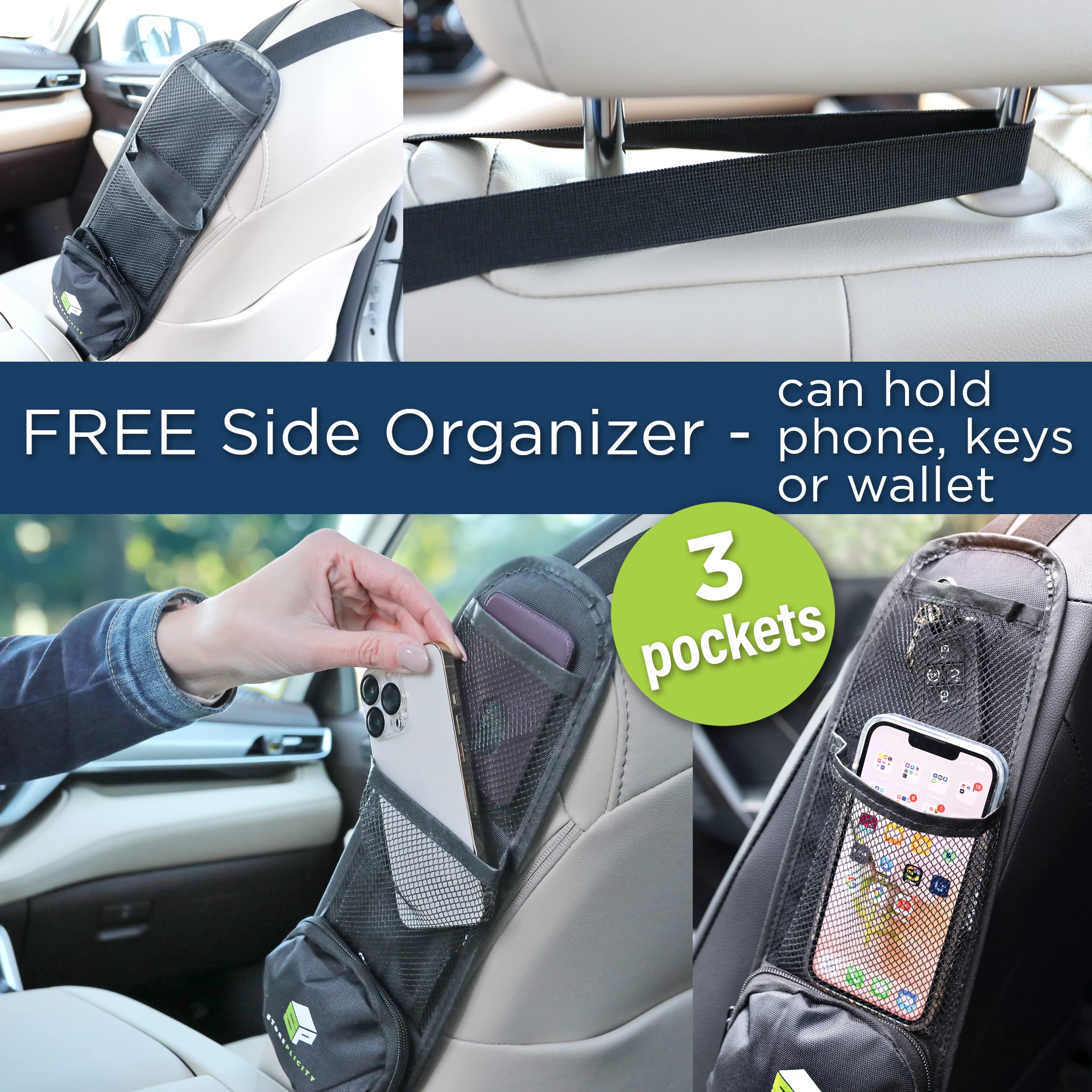 Storeplicity Universal Car Backseat Organizer Set - 2 Pack Multifunctional Seat Organizers with 13 Pockets (24x16in Back & 14.5x5in Side) - Perfect for Kids Toys, Snacks & Road Trips - Ideal for SUVs, Minivans & Family Vehicles