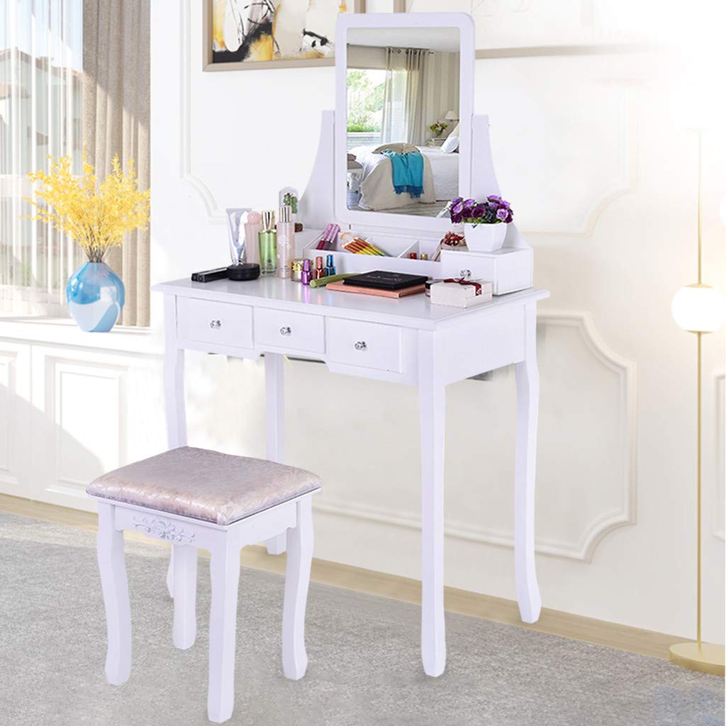 Yamart White Makeup Vanity Table with Mirror, 5 Drawers & Cushioned Stool - Dressing Table with Removable Organizers for Women & Girls - Perfect for Bedroom, Dorm Room, and Beauty Salon Makeup Station