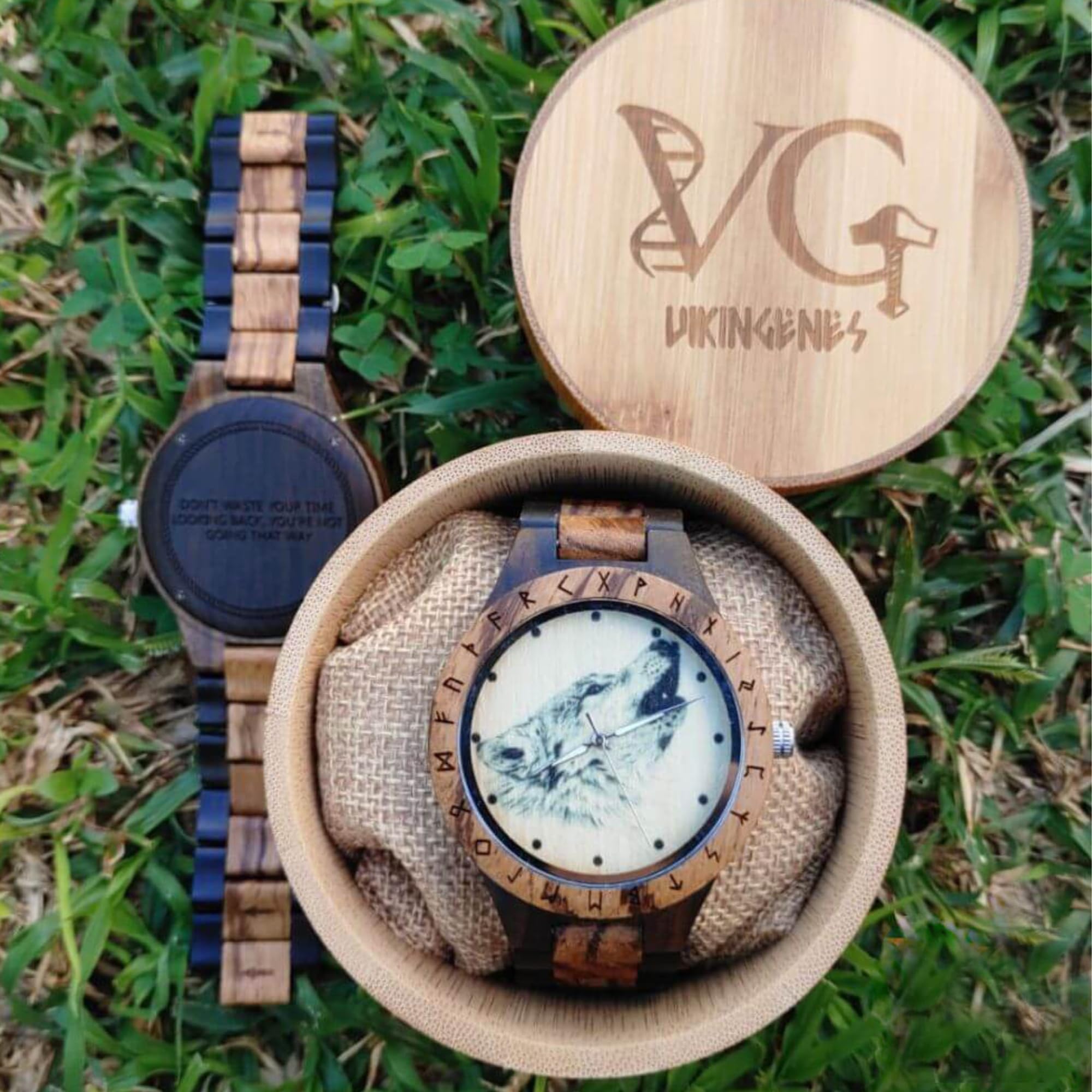 Premium Viking-Themed Wooden Watches for Men – Handcrafted Engraved Wooden Chronograph Wristwatch – Personalized Luxury Gift for Him – Custom Name/Date Engraving – Perfect for Outdoor Adventures, Business Meetings & Unique Gifts