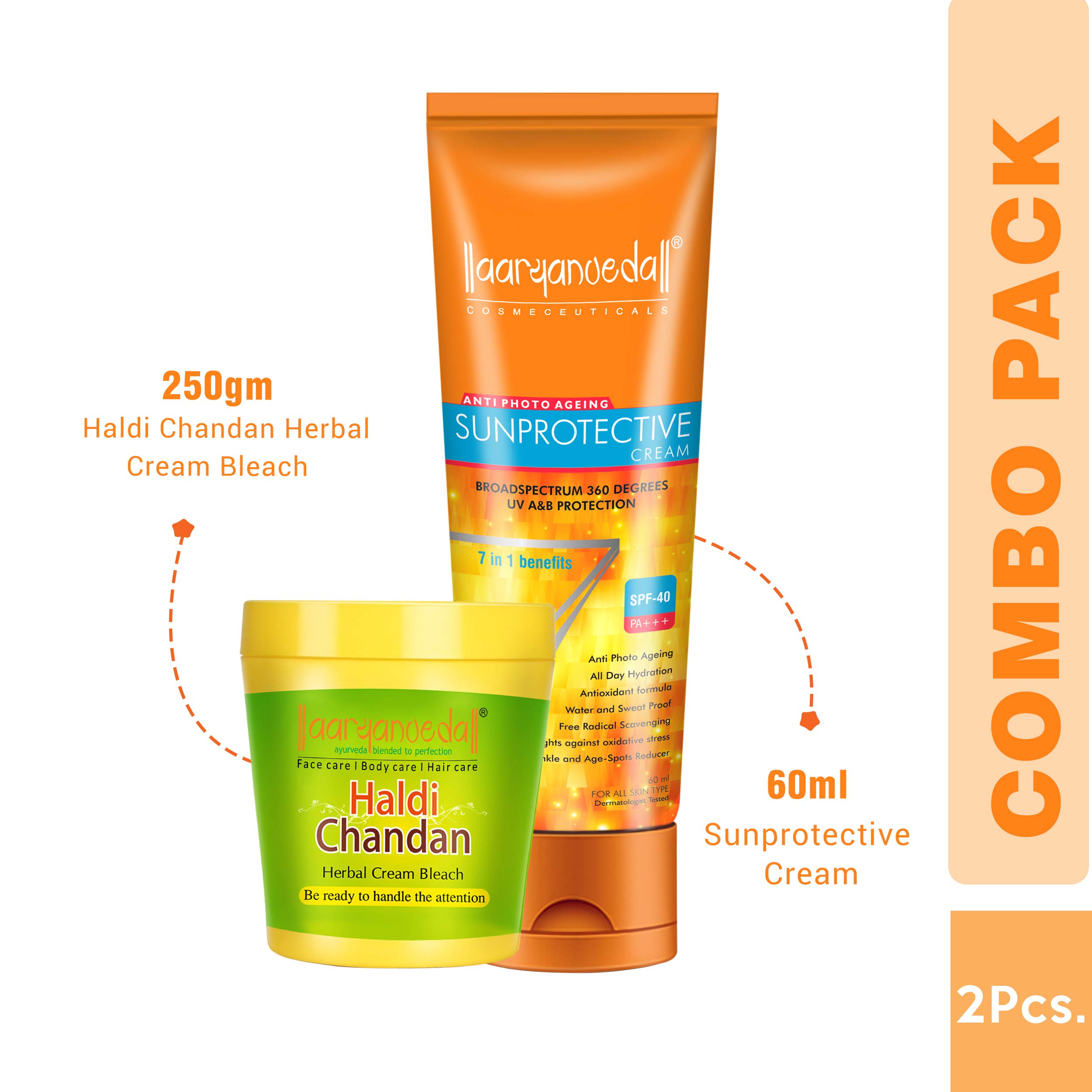 Aryanveda Herbals Haldi Chandan Face Bleach Cream 250g & SPF 40 Sunscreen Lotion 60g - Natural Skin Brightening & Sun Protection for Glowing Complexion | Perfect for Daily Skincare & Outdoor Activities