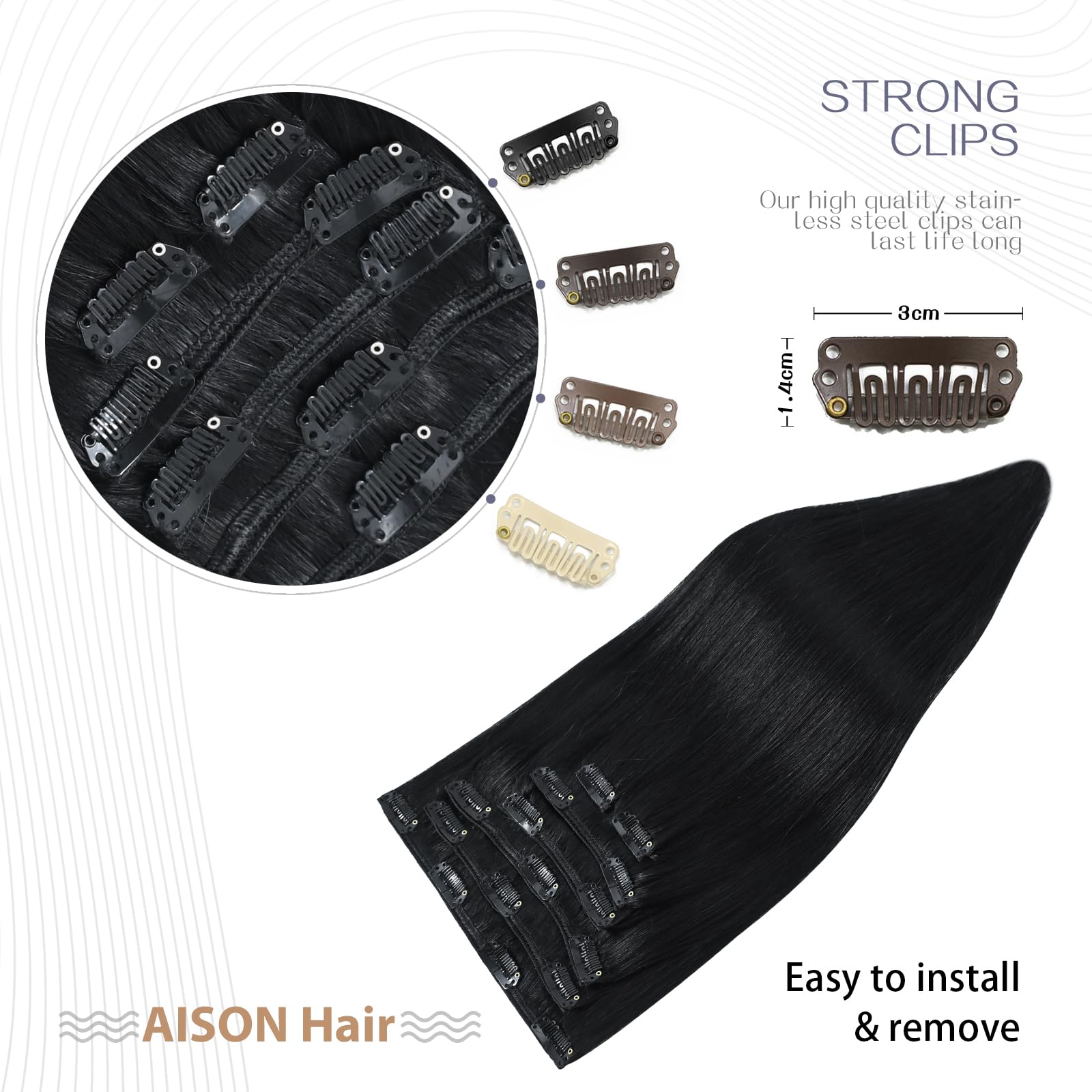 Aison Jet Black Clip-in Hair Extensions - 100% Remy Human Hair, 70g, Silky Straight, 7pcs with 16 Clips, 22 Inch | Perfect for Parties, Weddings & Everyday Styling