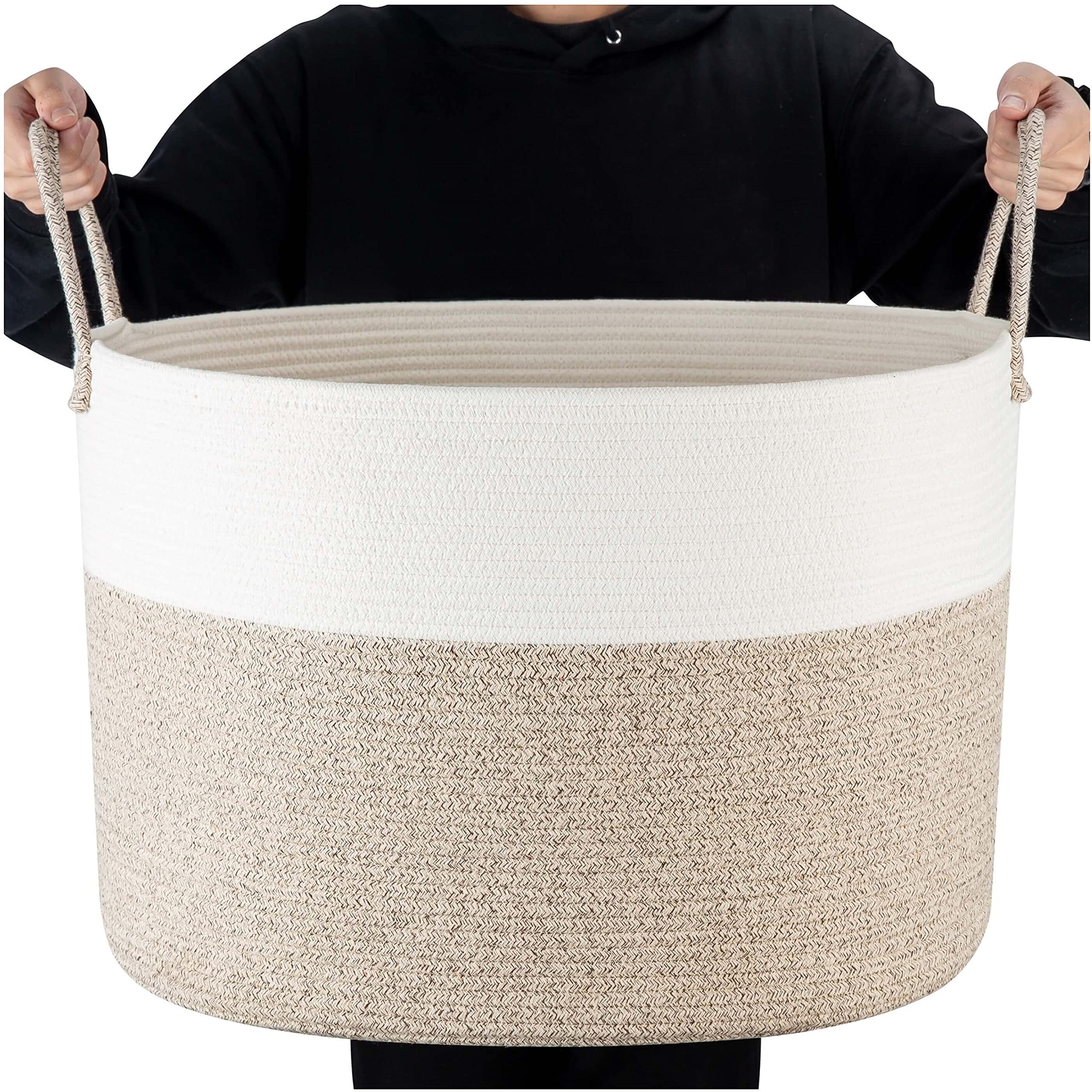 MINTWOOD Extra Large 22x14 Inch Cotton Rope Storage Basket - Woven Laundry Hamper, Toy Organizer, Decorative Pillow & Blanket Holder for Living Room, Bedroom, Nursery | Handmade with Handles for Easy Carrying