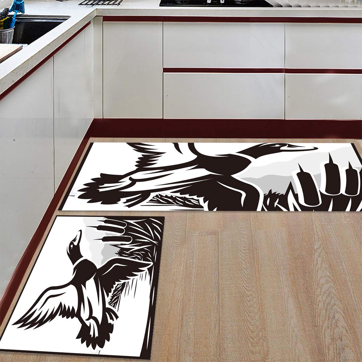 Premium Non-Slip Kitchen Rugs Set of 2 - Wild Duck Black & White Pattern Rubber Backing Floor Mats (19.7x31.5in + 19.7x63in) for Kitchen, Entryway, Laundry Room & High Traffic Areas