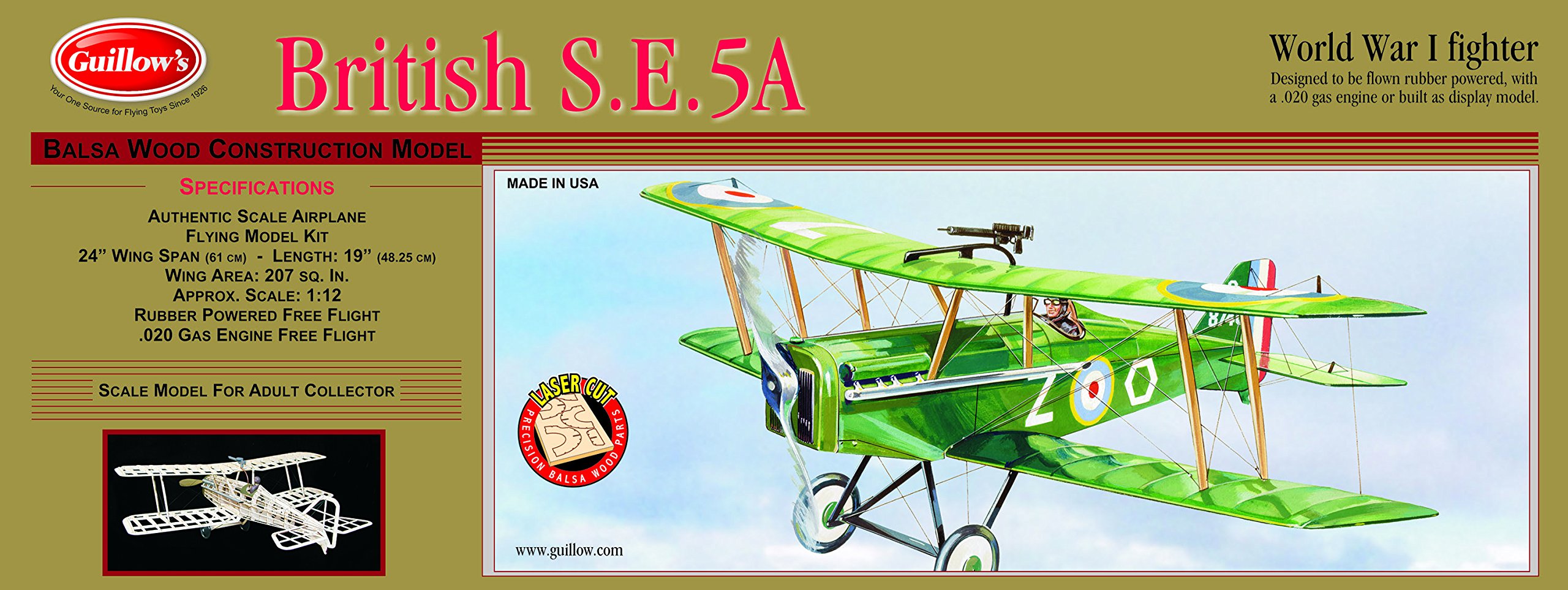 Guillow's British SE 5-A Laser Cut Wooden Model Airplane Kit - 1:48 Scale WWI Aircraft for Collectors & Hobbyists - Perfect for Home Decoration, Gift Giving & Historical Display