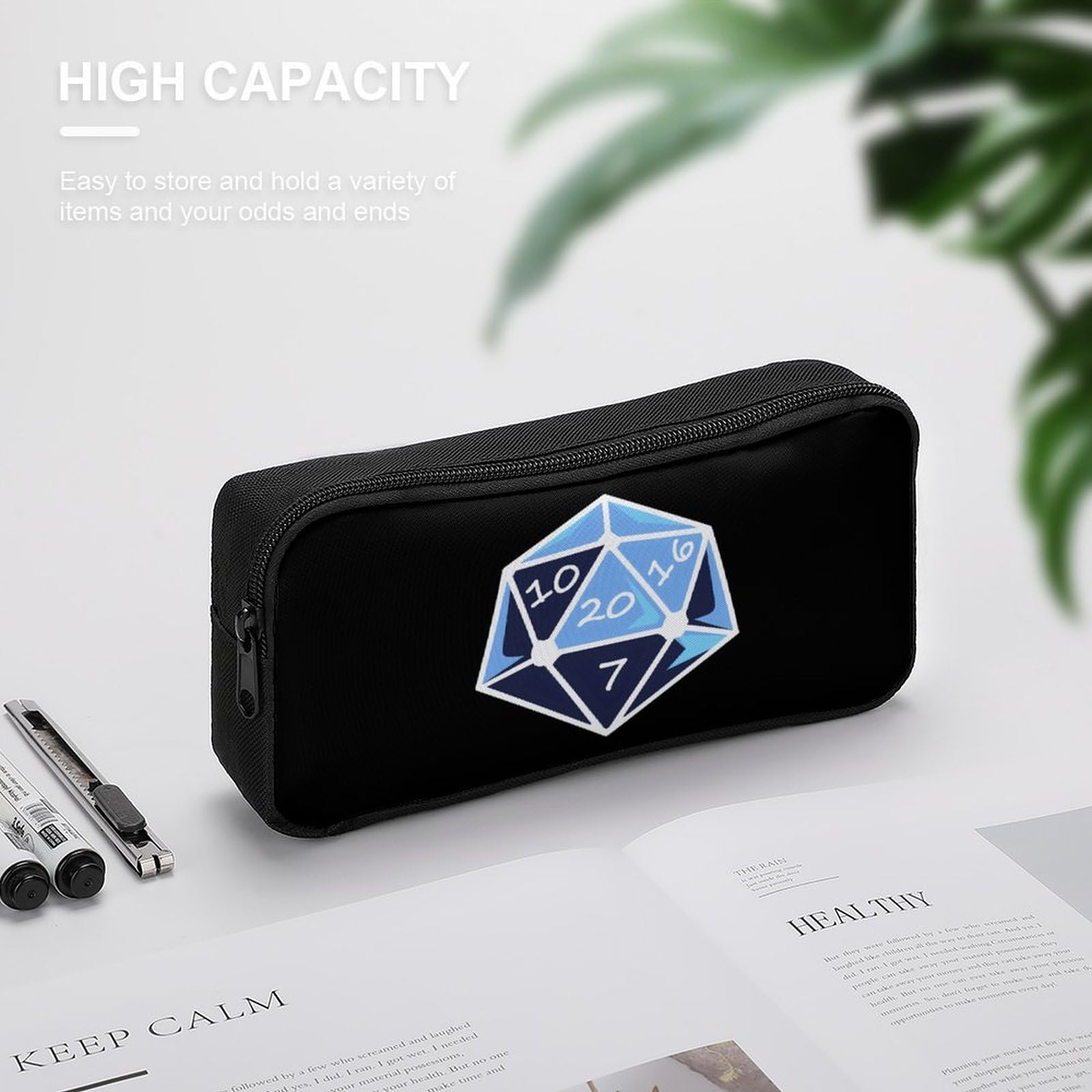 D20 Dice Pencil Case - Large Capacity Zippered Pen Pouch & Stationery Organizer for School, Office, Gaming Accessories Storage