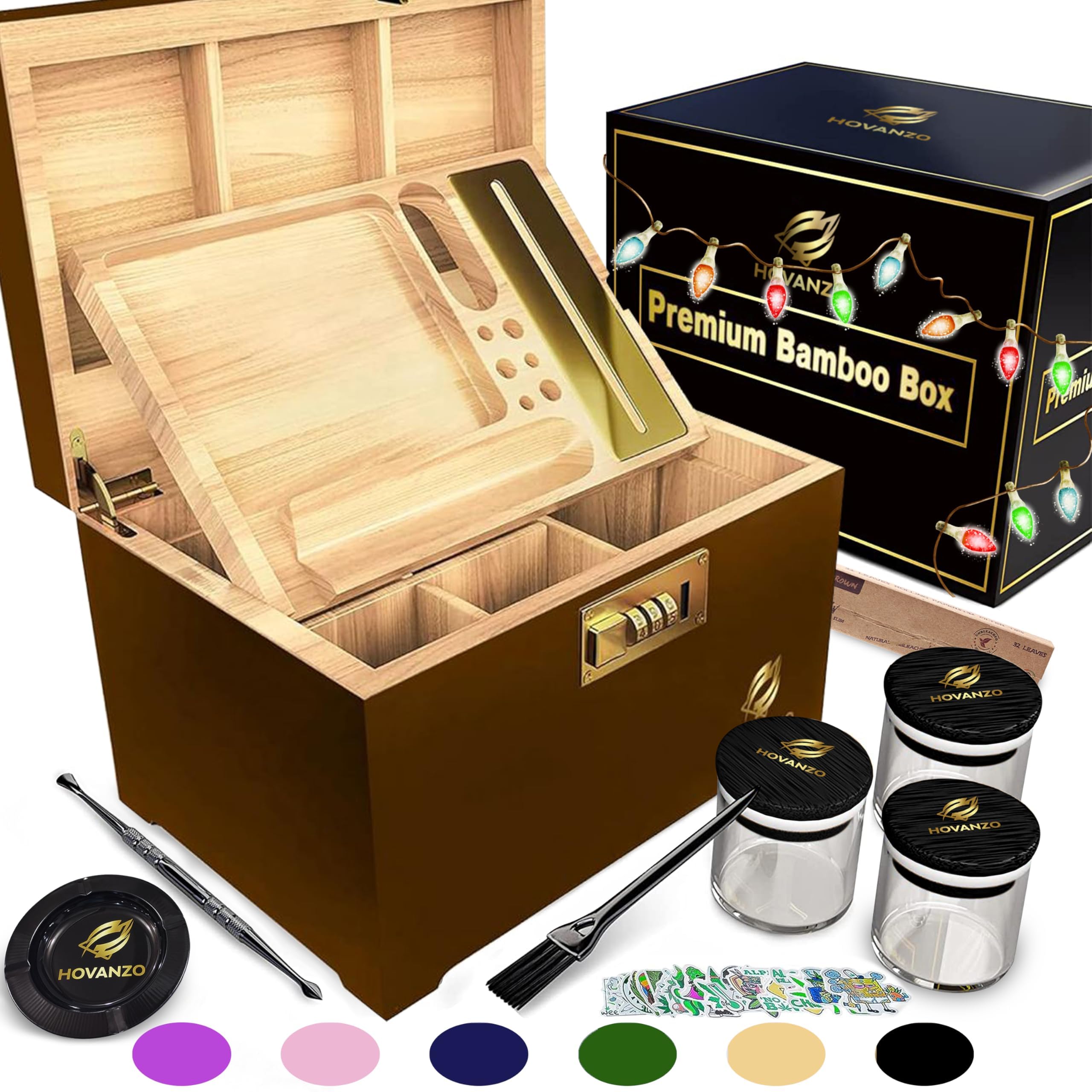 Large Bamboo Storage Box with Airtight Glass Jars & Combination Lock - Decorative Wooden Locking Box with Rolling Tray - Perfect for Kitchen Pantry Organization, Jewelry Storage & Home Decor