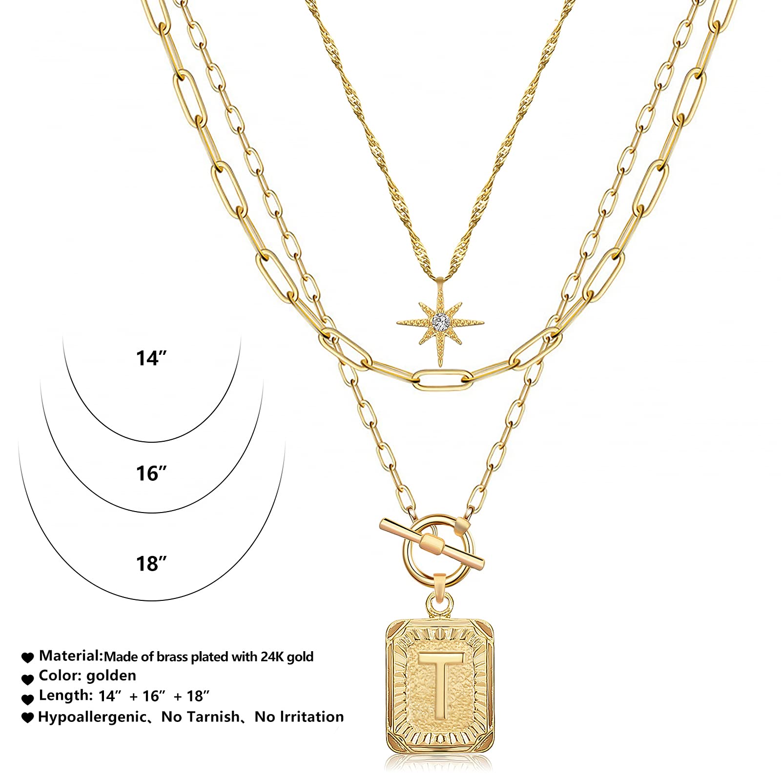 MJartoria Women's 14K Gold Plated Initial Necklace - Trendy Layered Star Choker with Square Letter Pendant & Paperclip Chain - Elegant Gold Jewelry Gift for Her - Perfect for Birthdays, Anniversaries and Everyday Wear