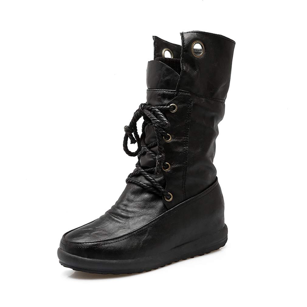 Women's Waterproof Leather Combat Boots - Mid Calf Riding Boots with Round Toe & Lace Up Design for Wide Calf - Comfortable Flat Shoes for Outdoor, Motorcycle & Winter Wear
